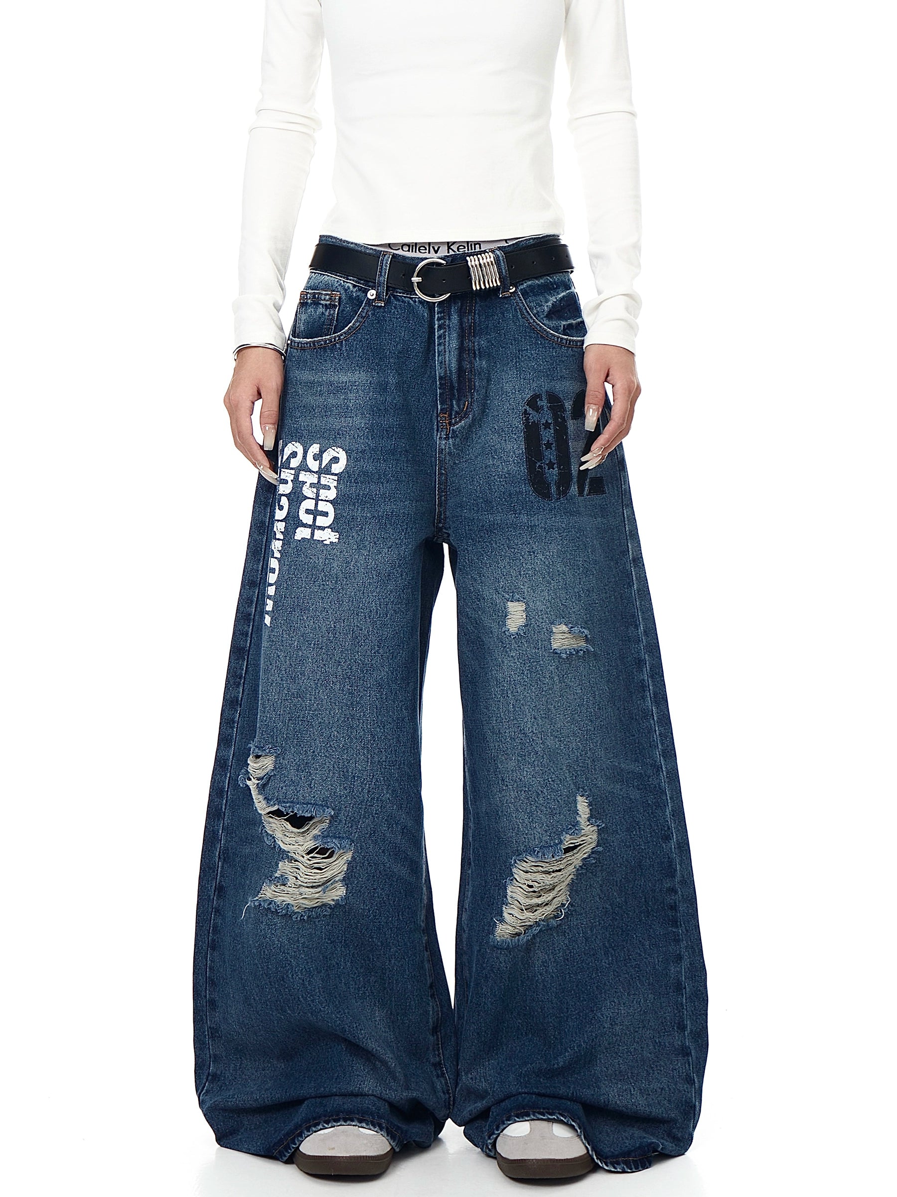 Distressed Letter Print Ripped Flare Denim Jeans