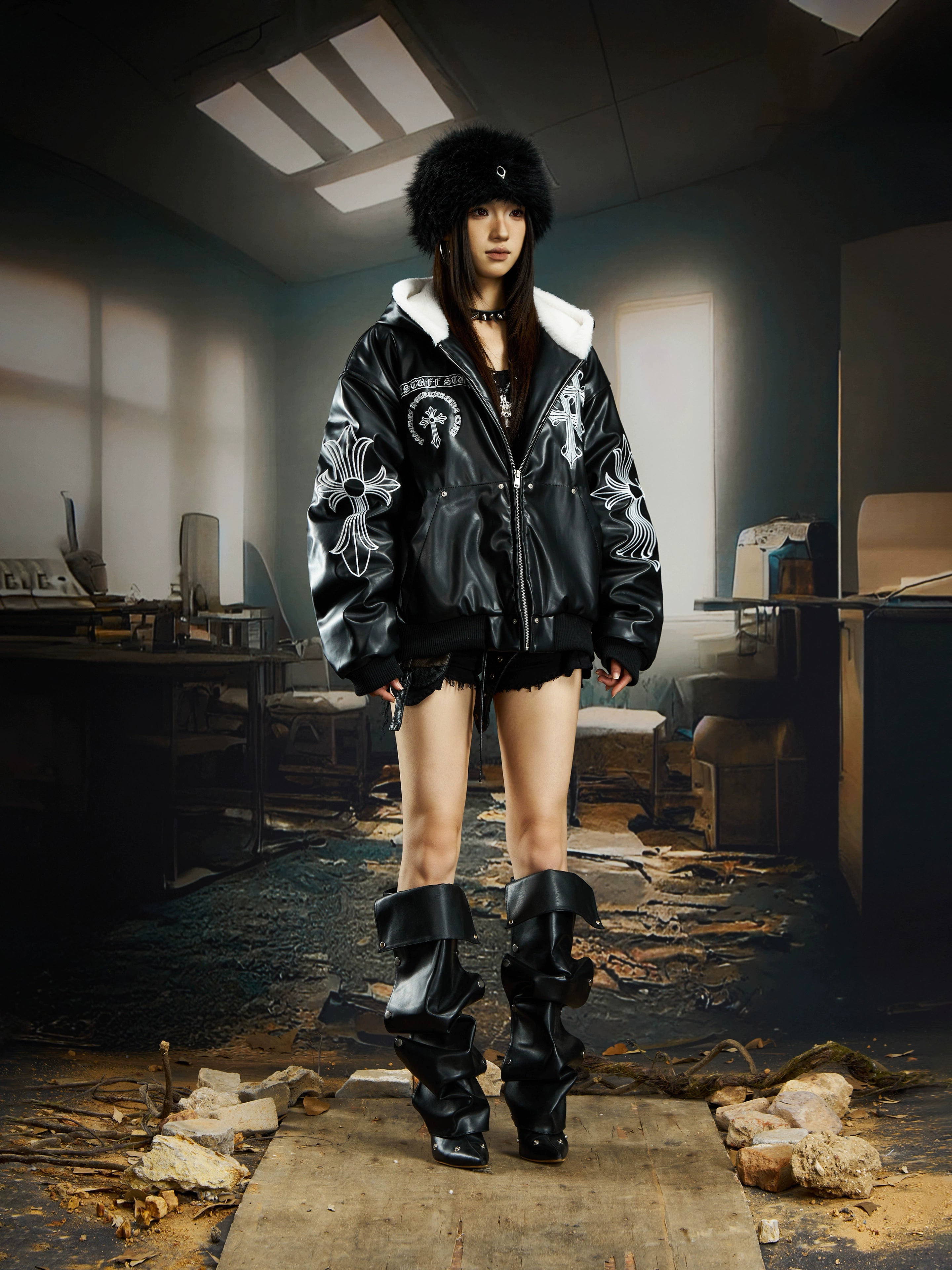 Heavy Embroidered Fleece-Lined Hooded Faux-Leather Jacket