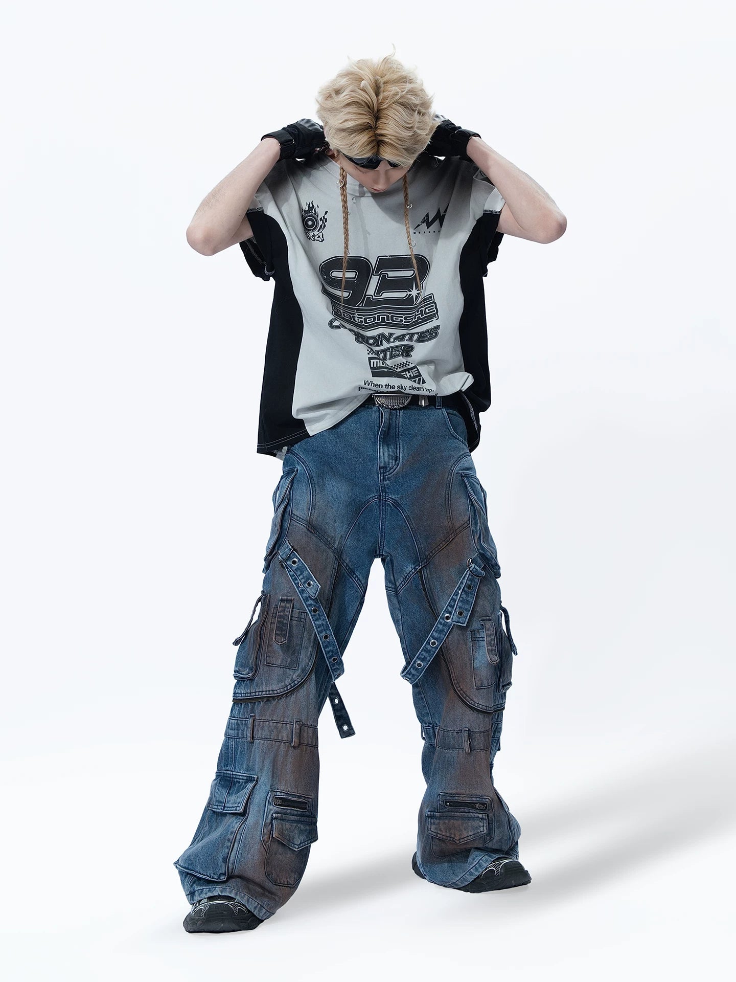Sanhoostudio Deconstructed Tie Dye Wide Denim Pants