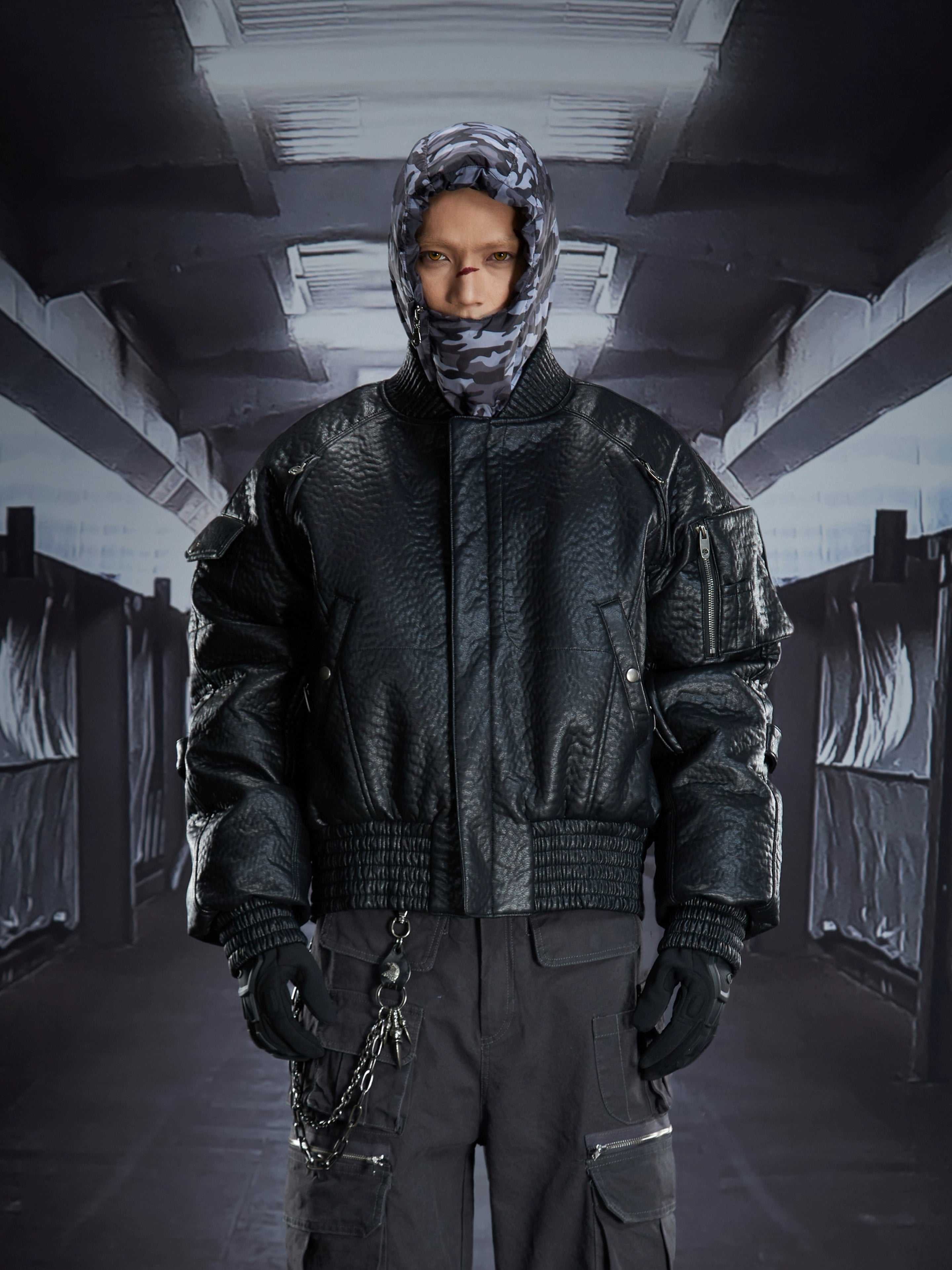 Asymmetric Zip Hooded Camo Down Jacket