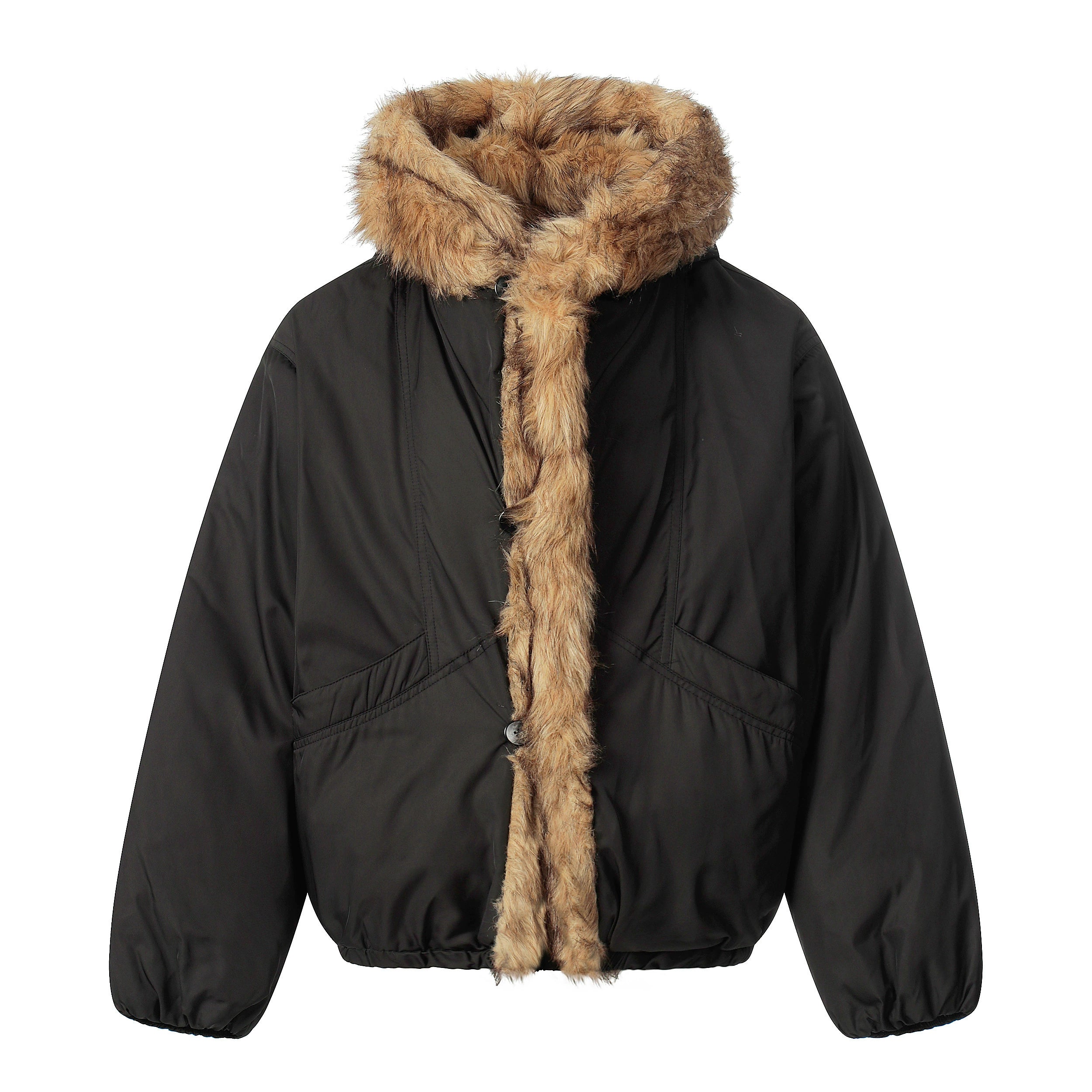 Oversized Fur-Trim Hooded Puffer Coat with Patchwork Design