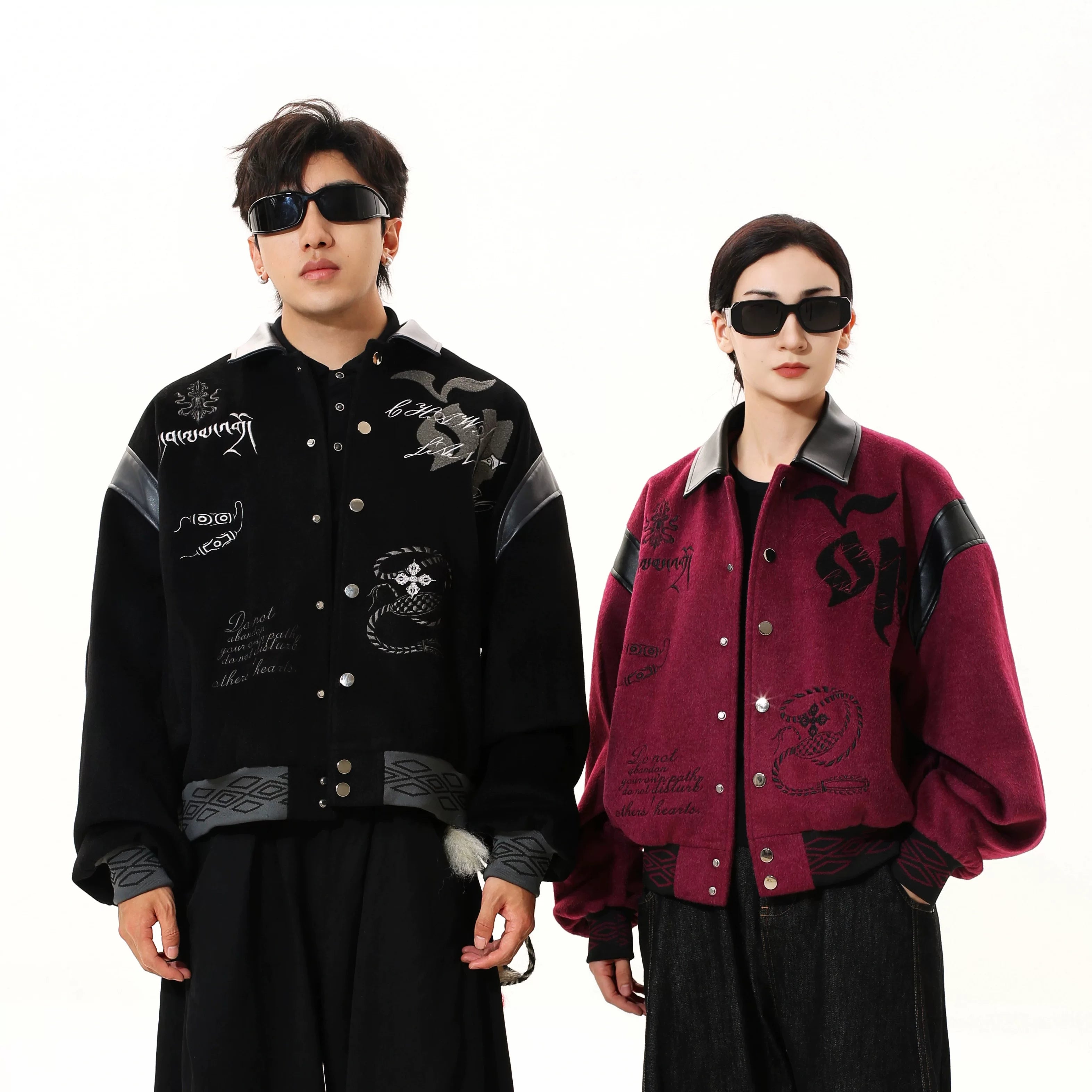 Sanhoostudio American-style varsity jacket with embroidery. Designed for unisex streetwear and seasonal layering.