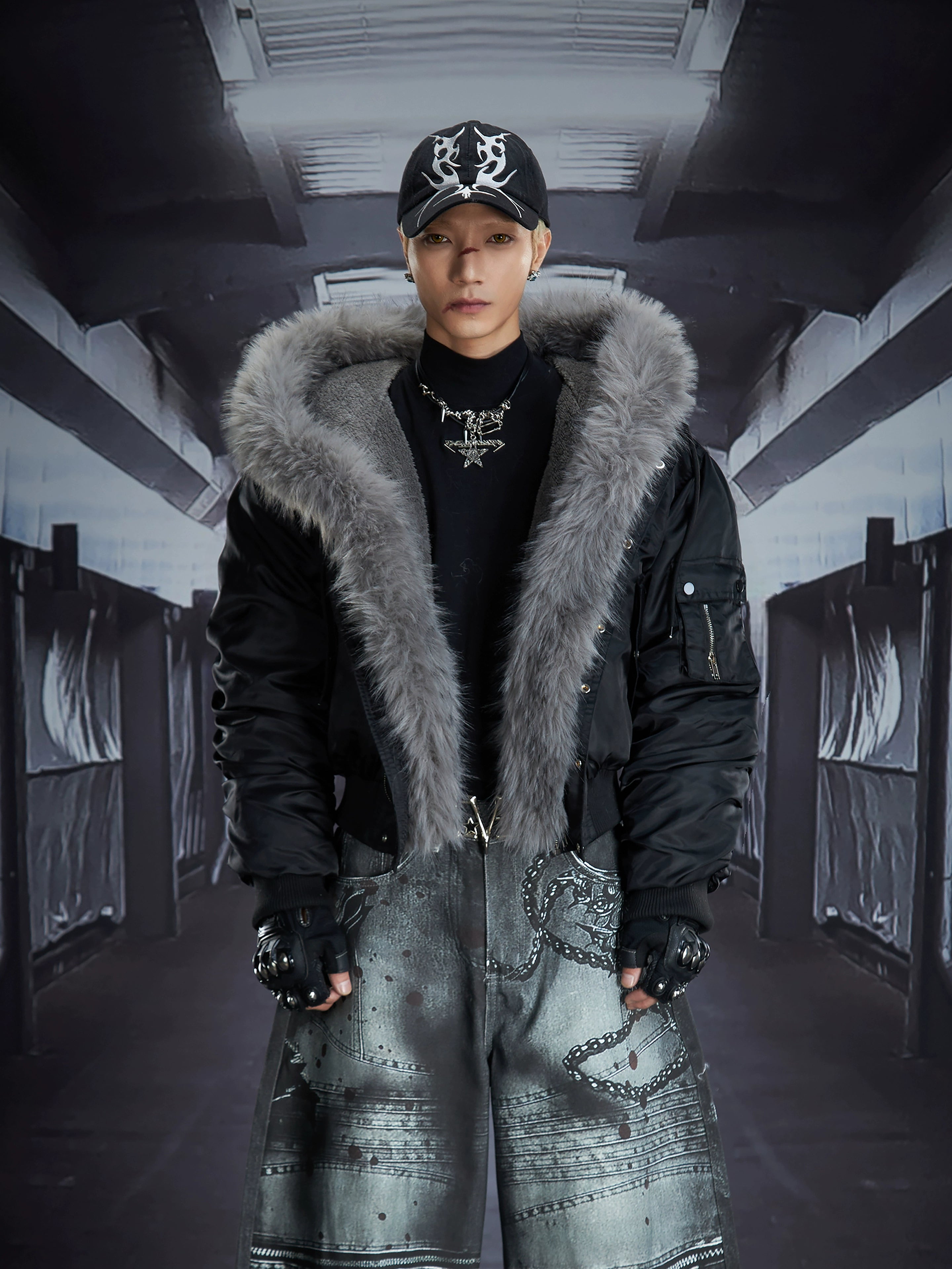 Detachable Fur-Collar Studded Hooded Fleece Puffer Jacket