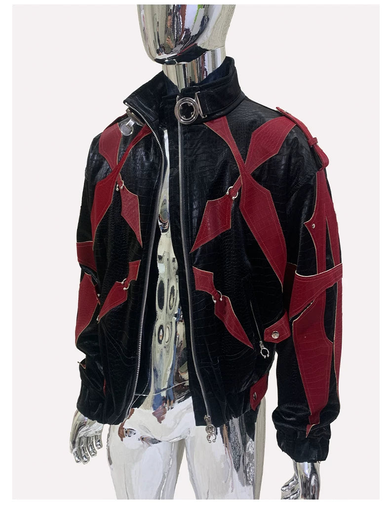 Sanhoostudio Crocodile Embossed Colorblock PU Leather Jacket