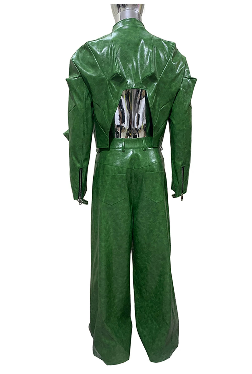 Sanhoostudio Green Glossy Deconstructed Cropped Leather Jacket