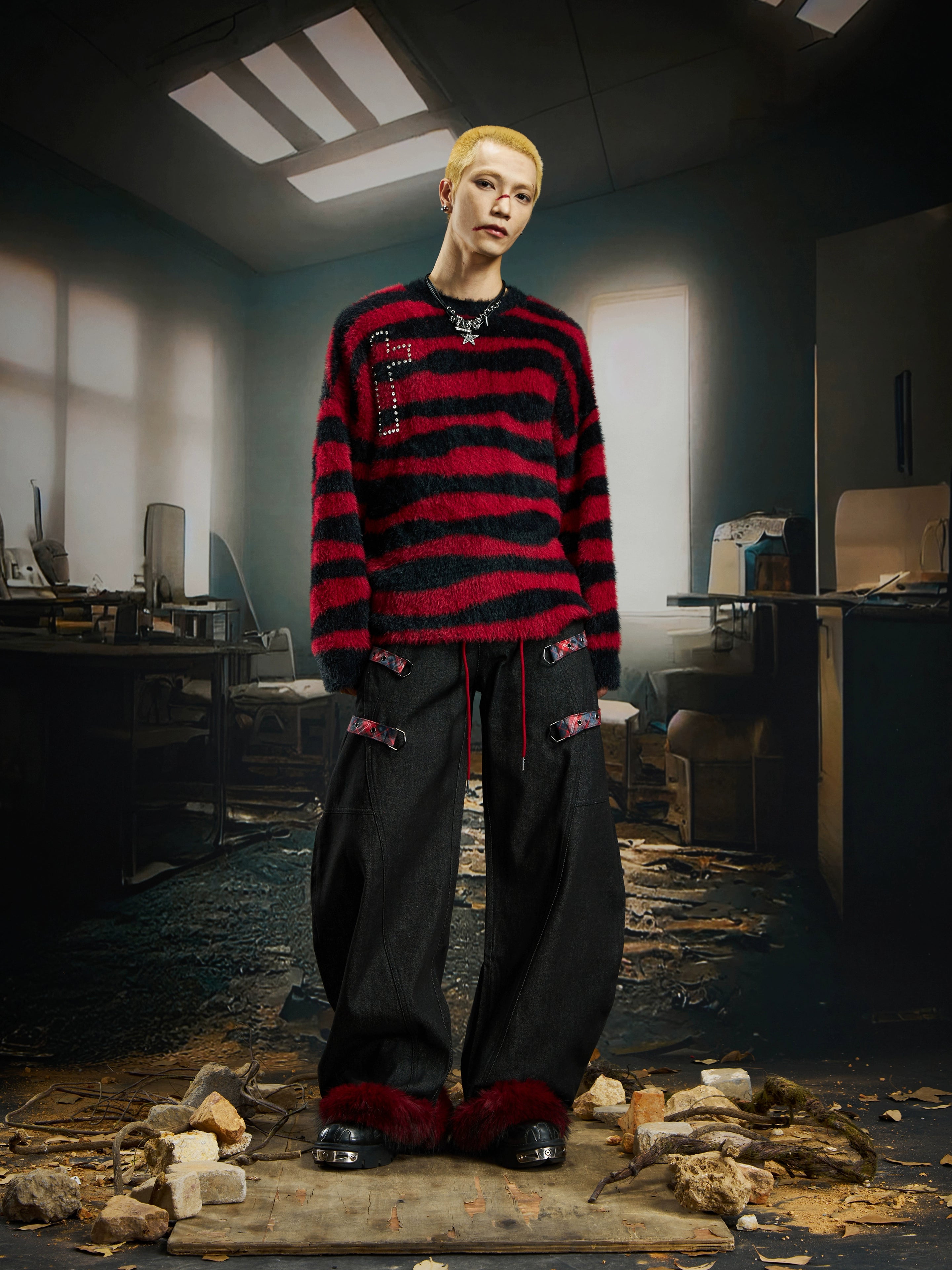 Y2K Plaid Patch Furry Detachable Hem Blade-Cut Jeans