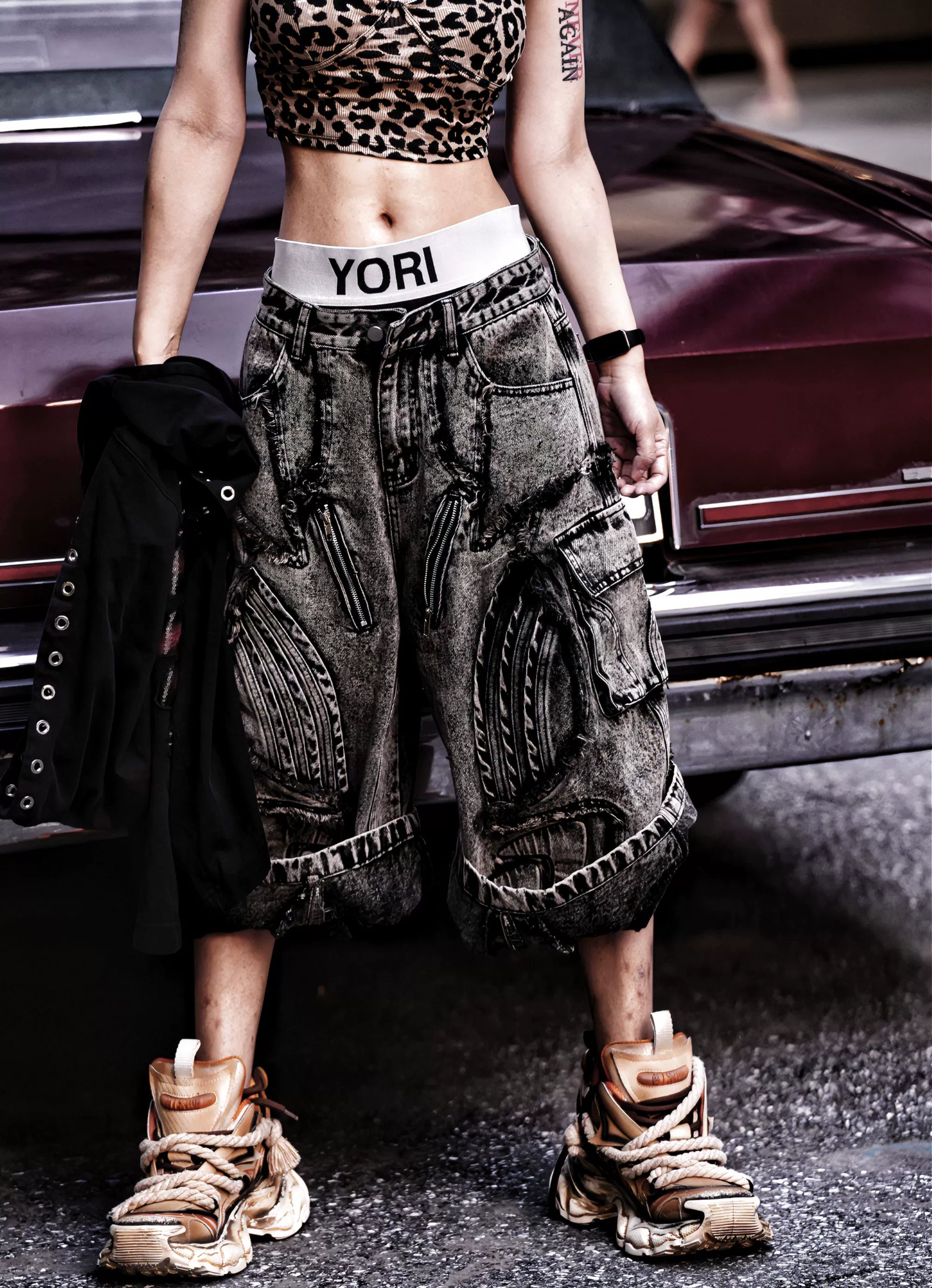 Heavy Embroidered Washed Patchwork Denim Pants