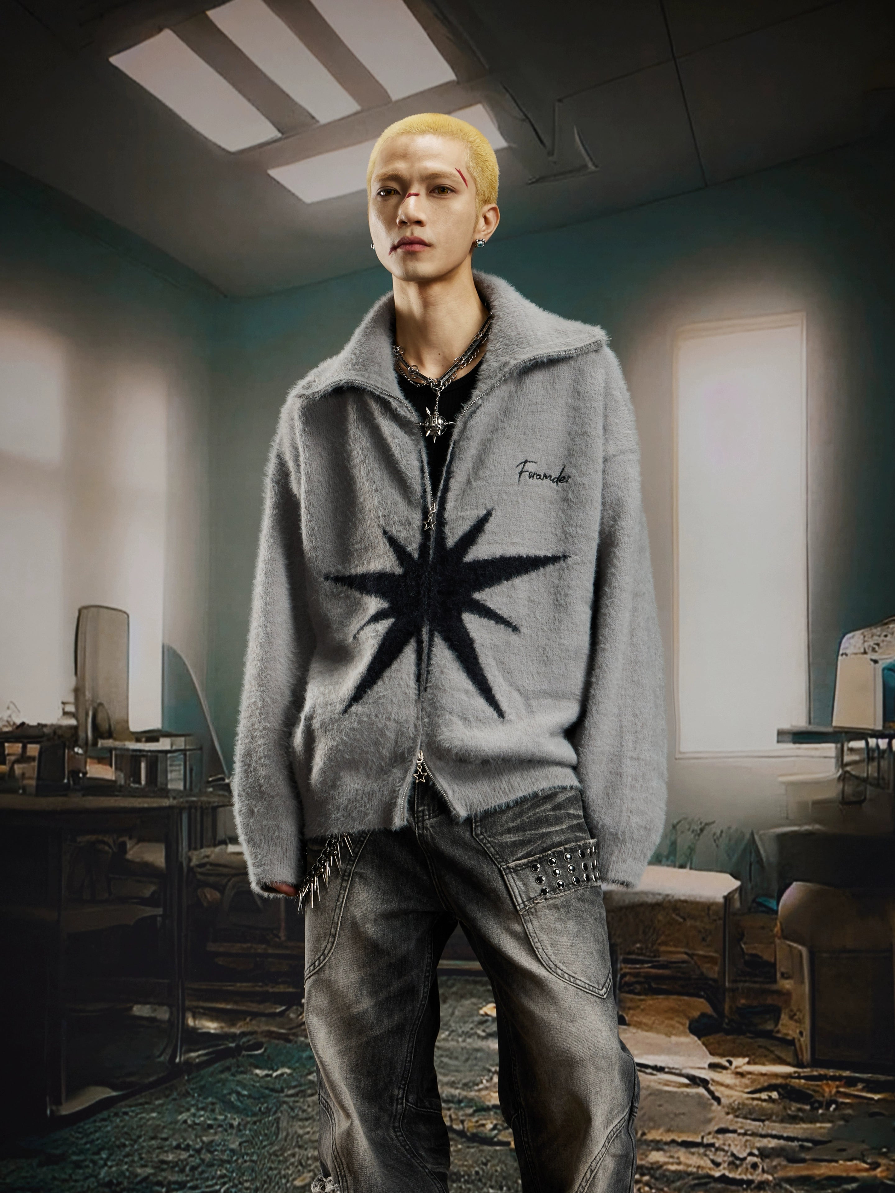 Y2K Mohair-Inspired High-Neck Zip Knit Sweater