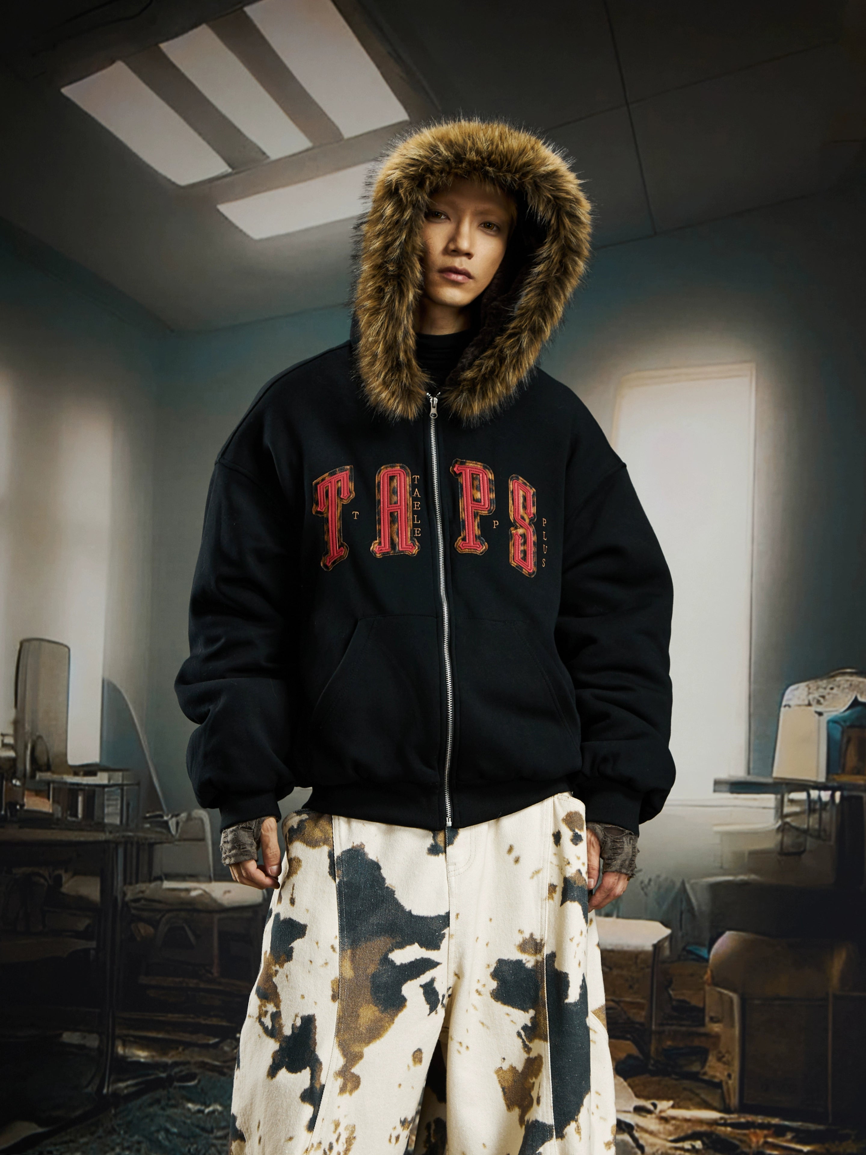 Leopard Patchwork Faux-Fur Colorblock Hooded Puffer Jacket