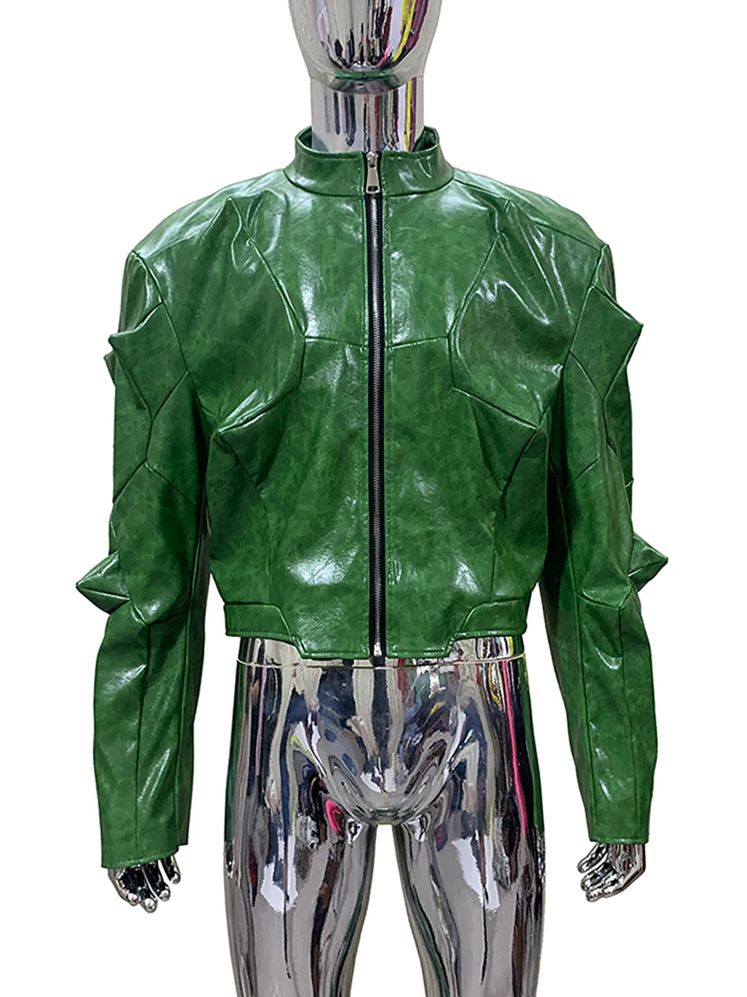 Sanhoostudio Green Glossy Deconstructed Cropped Leather Jacket