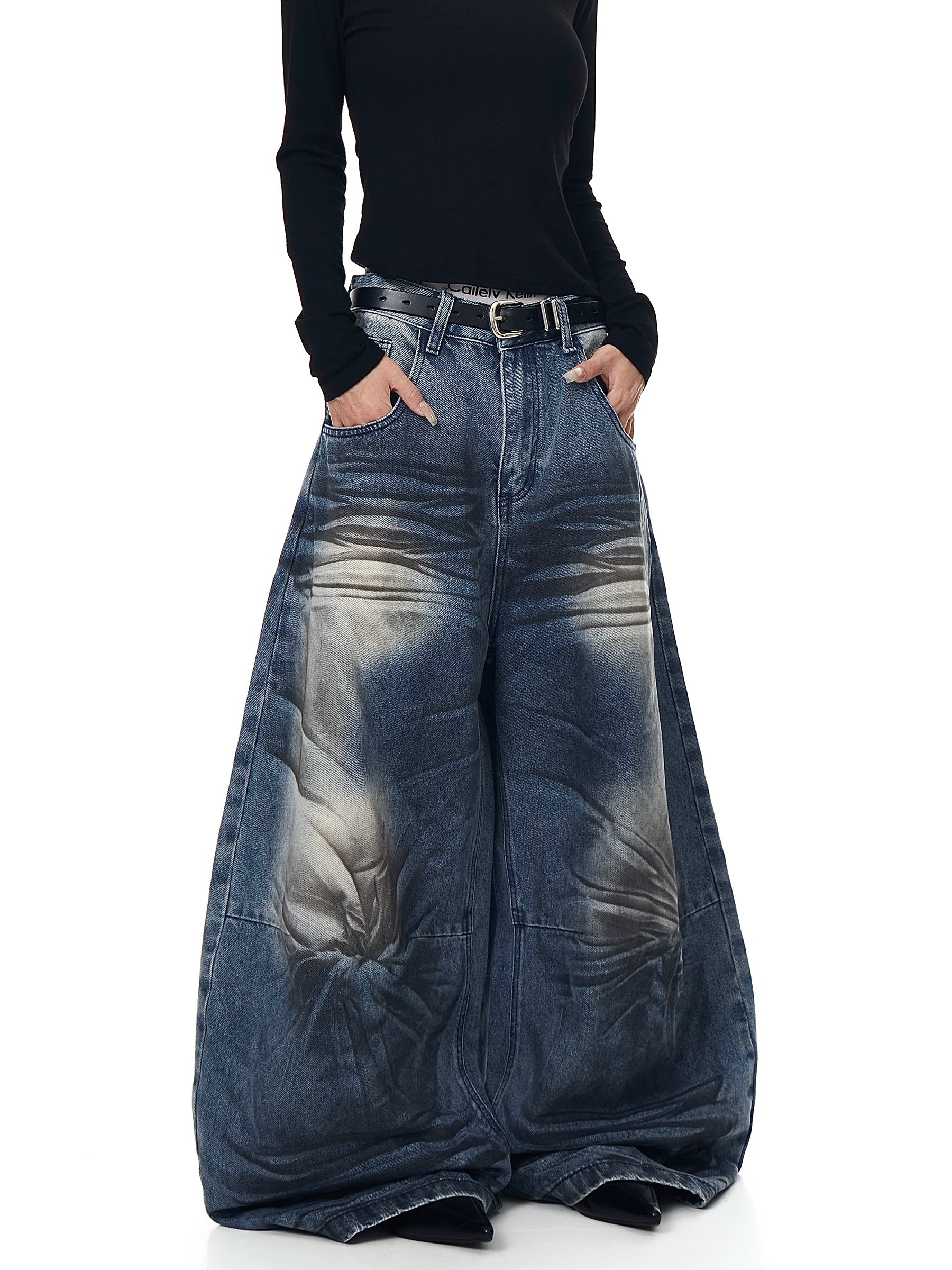 Washed Whisker Curved Denim Wide-Leg Jeans