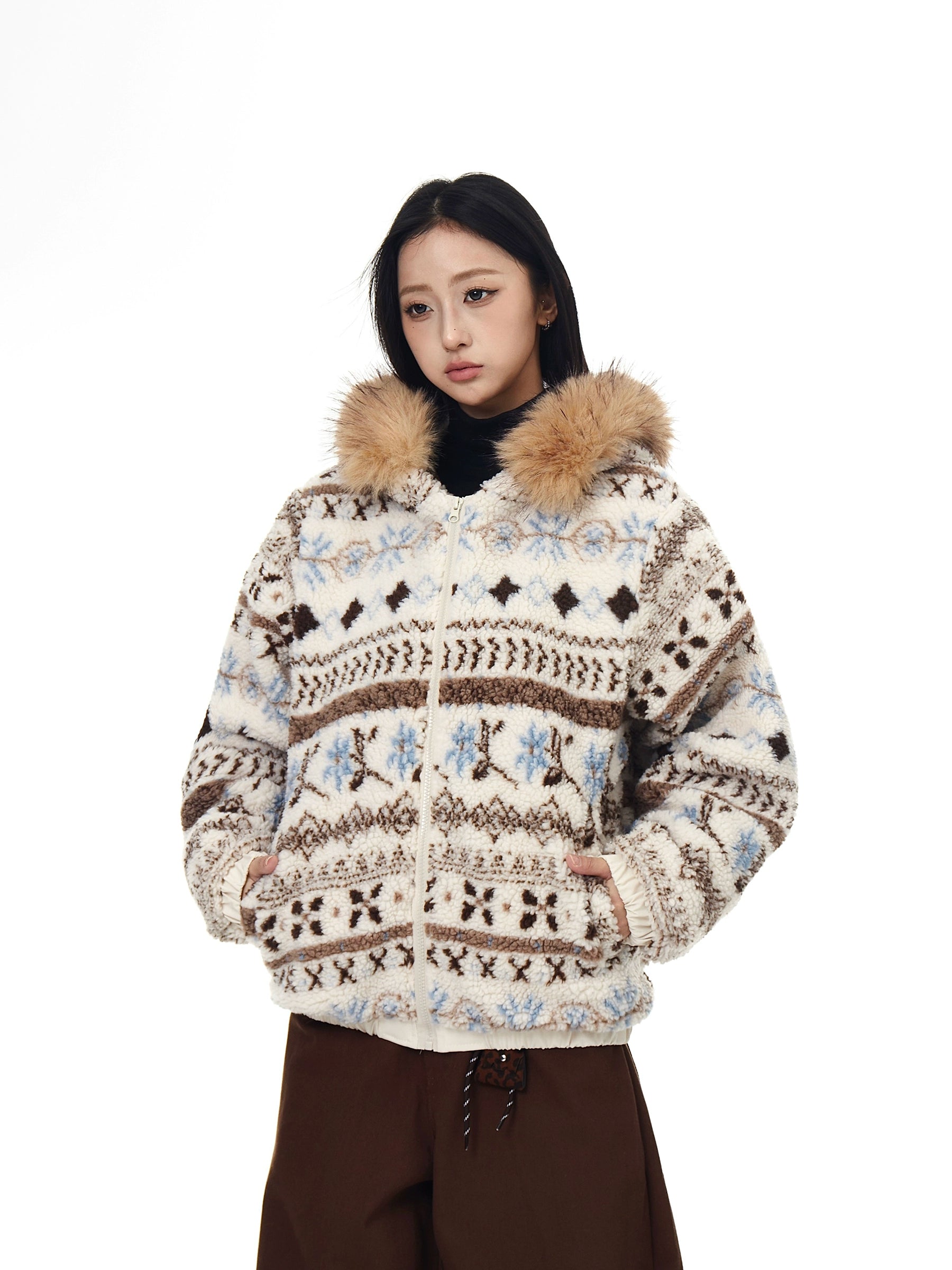 Fair Isle Fur-Hood Sherpa Thick Winter Jacket
