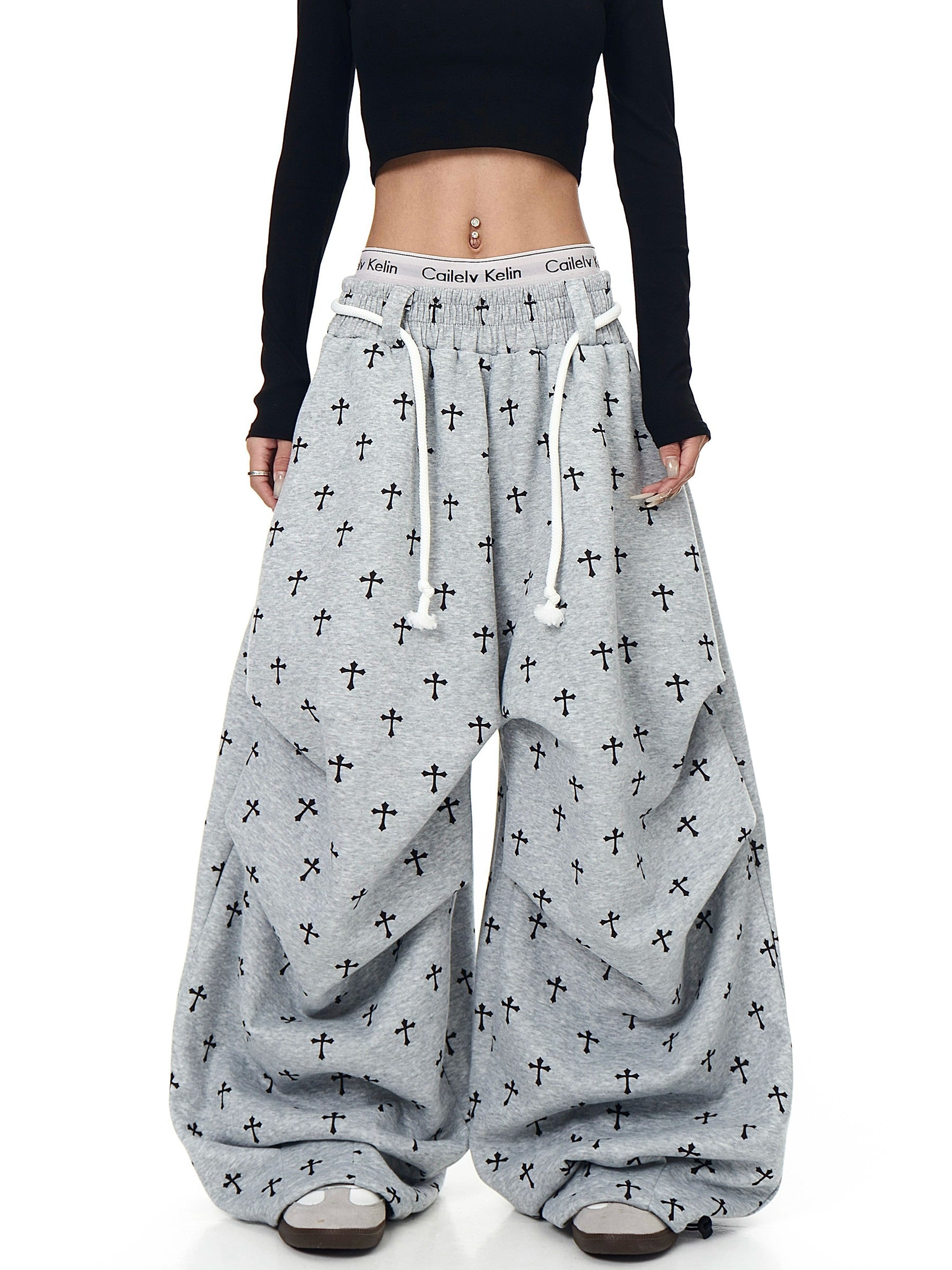 Gothic Cross Print Pleated Street Sweatpants