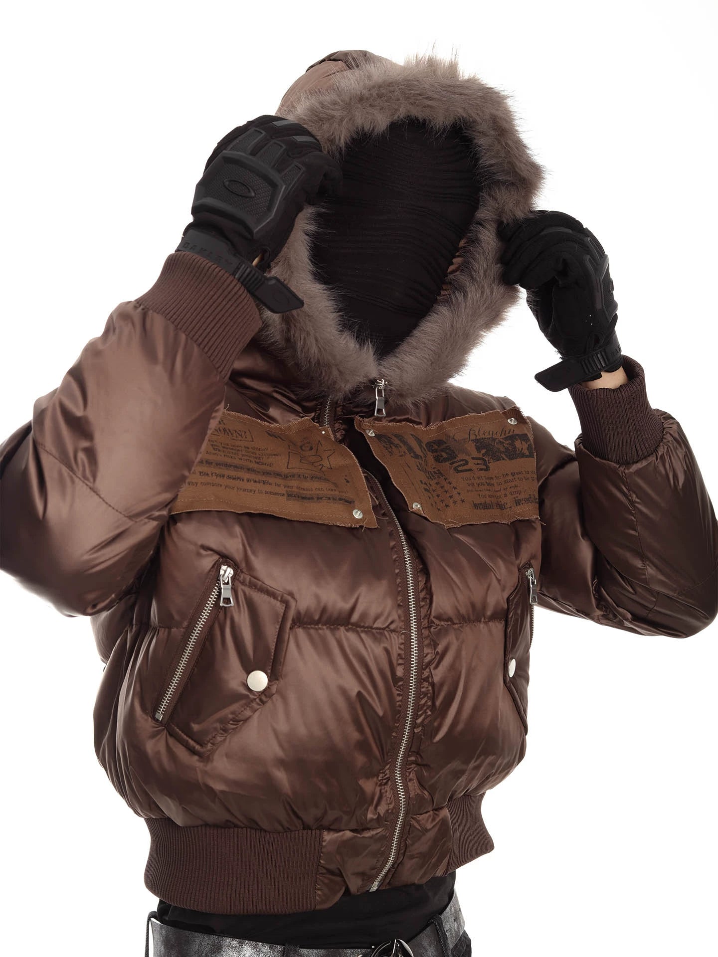 Patchwork Hooded Short Puffer Jacket with Faux Fur Collar