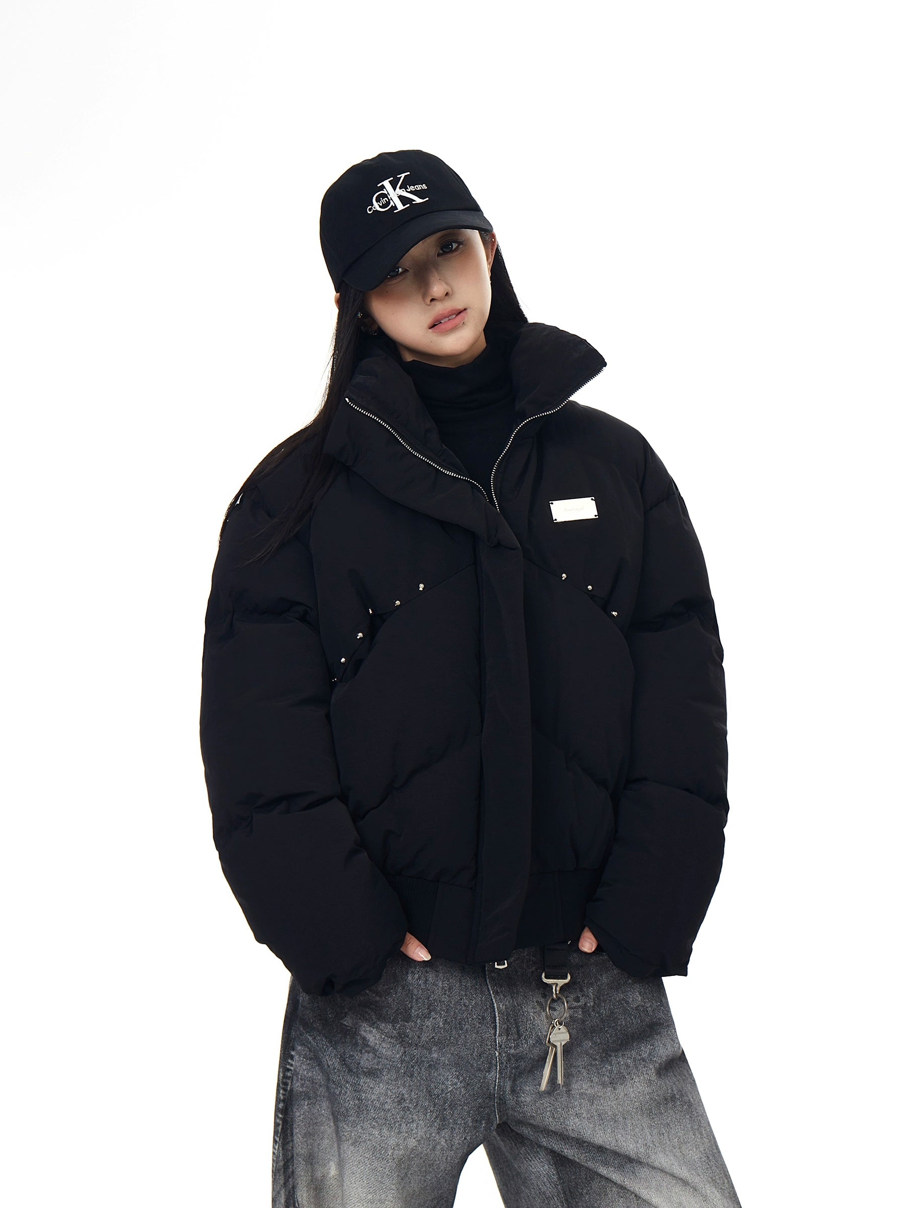 Studded Deconstructed Stand-Collar Puffer Jacket