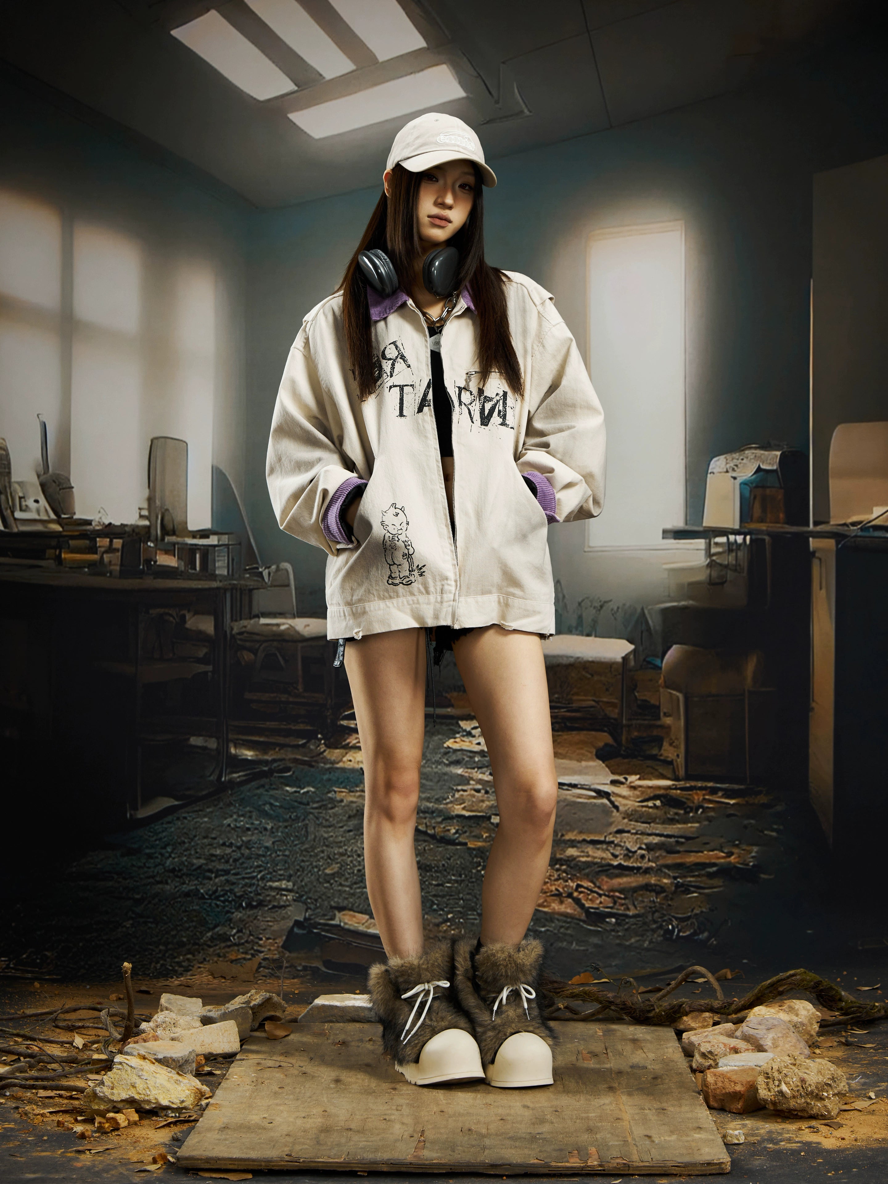 Washed Purple Denim Jacket with Badge Decoration