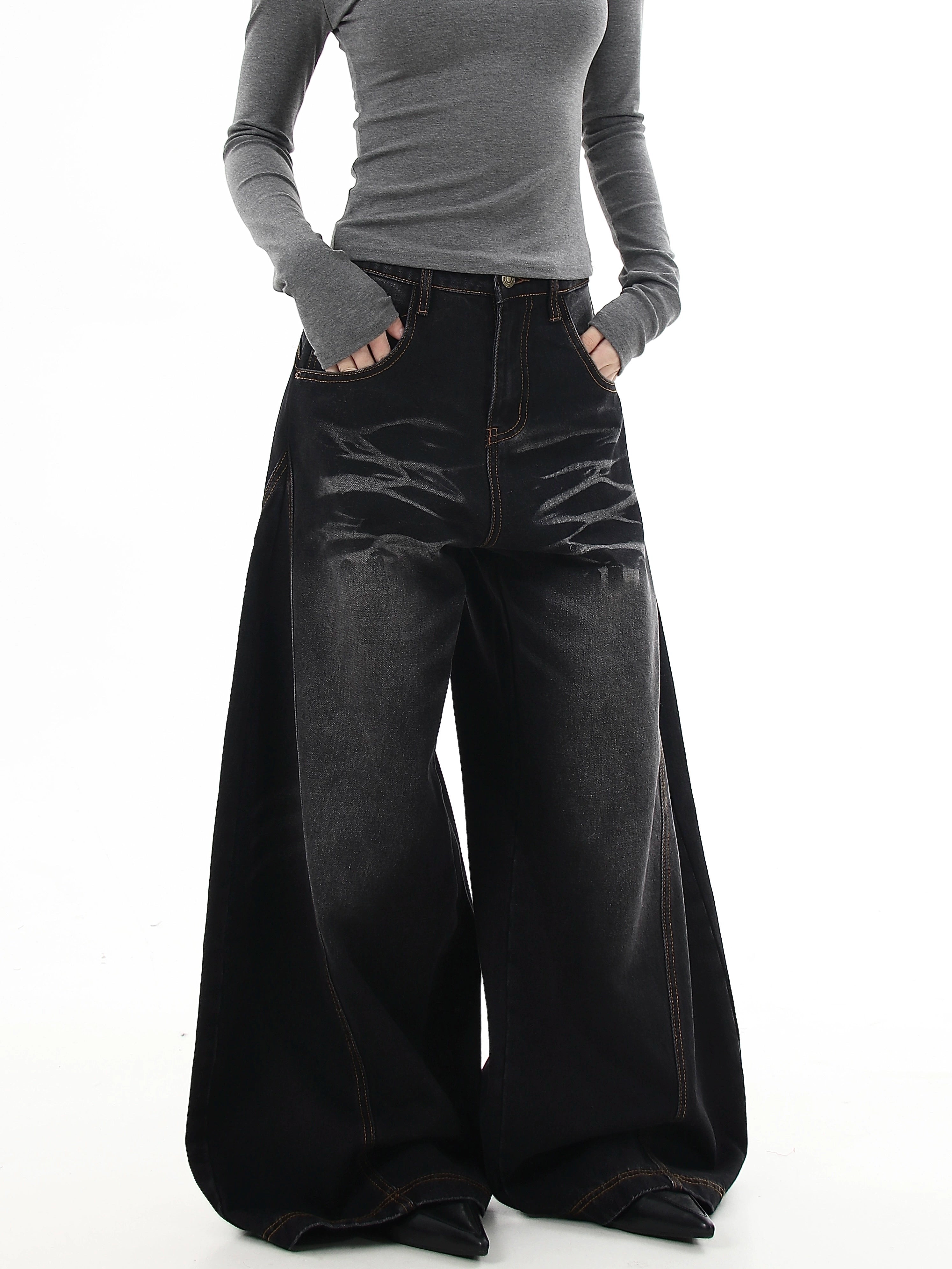 Whiskered Washed Vintage Wide-Leg Denim Pants