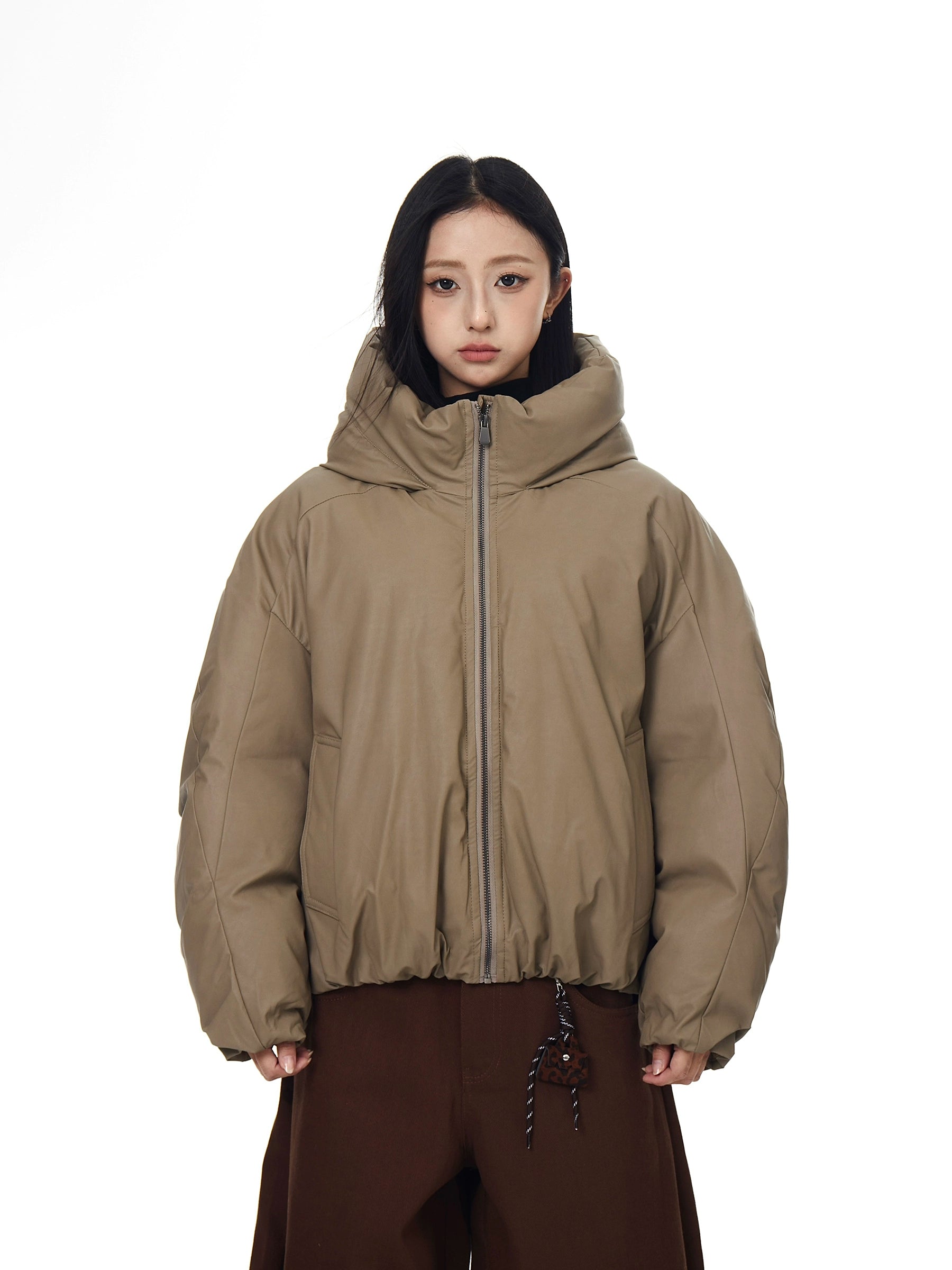 Vintage Bomber Faux-Leather Hooded Puffer Jacket