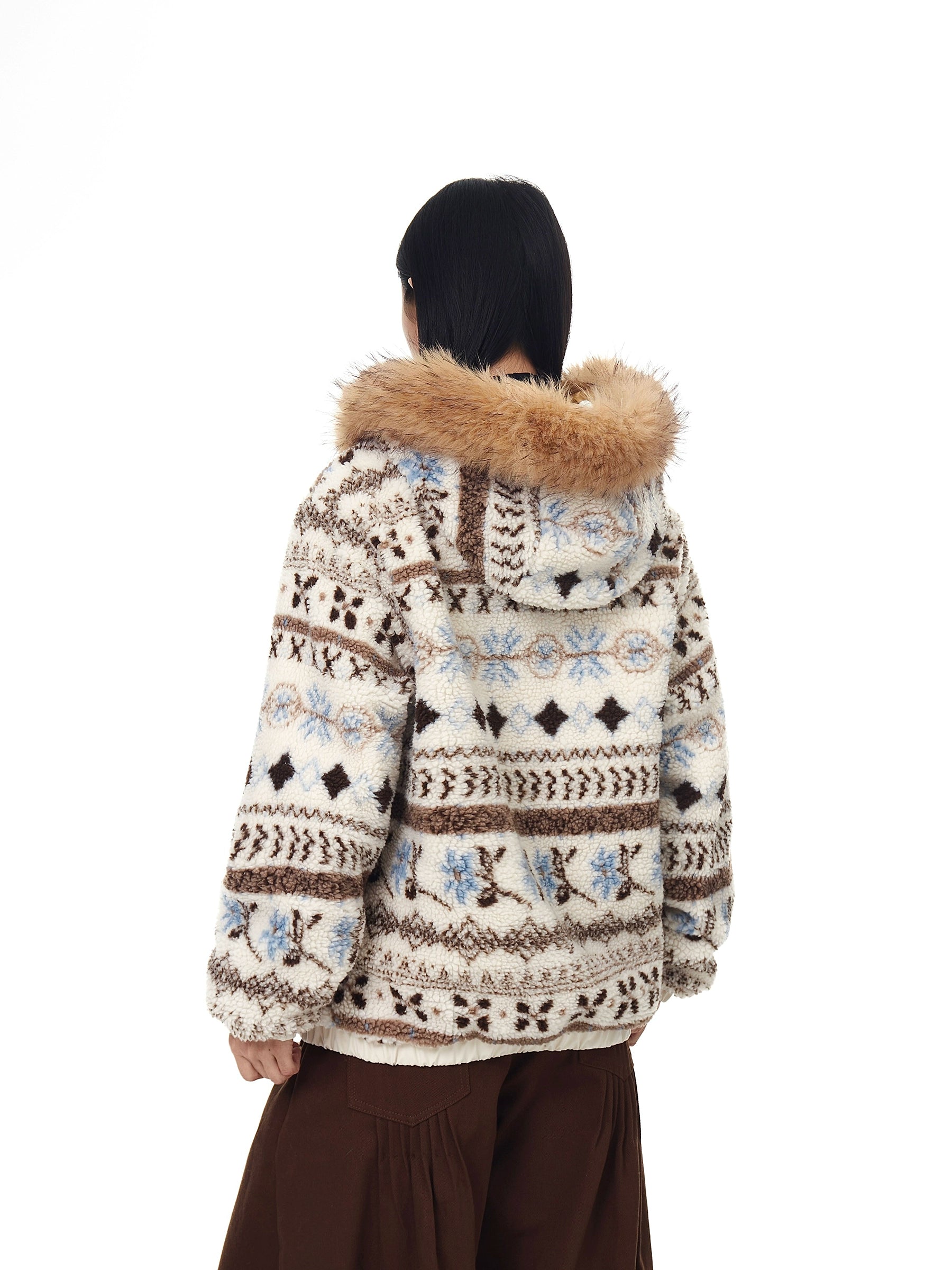 Fair Isle Fur-Hood Sherpa Thick Winter Jacket