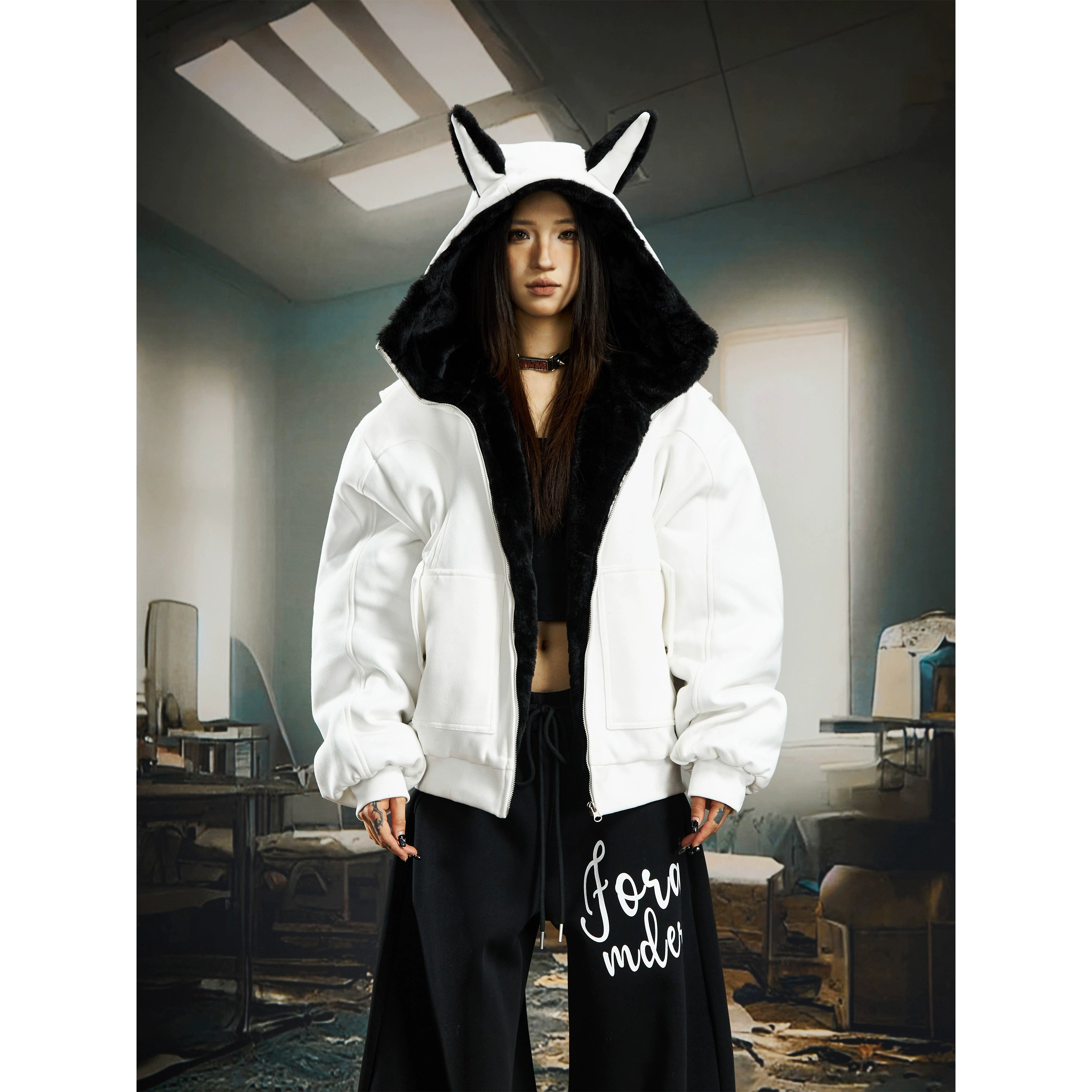 Vintage Bunny-Ear Hooded Sweatshirt Puffer Jacket