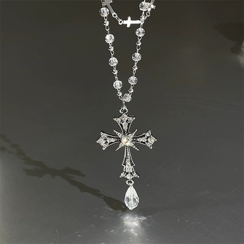 Y2K Crystal Beaded Cross Layered Necklace