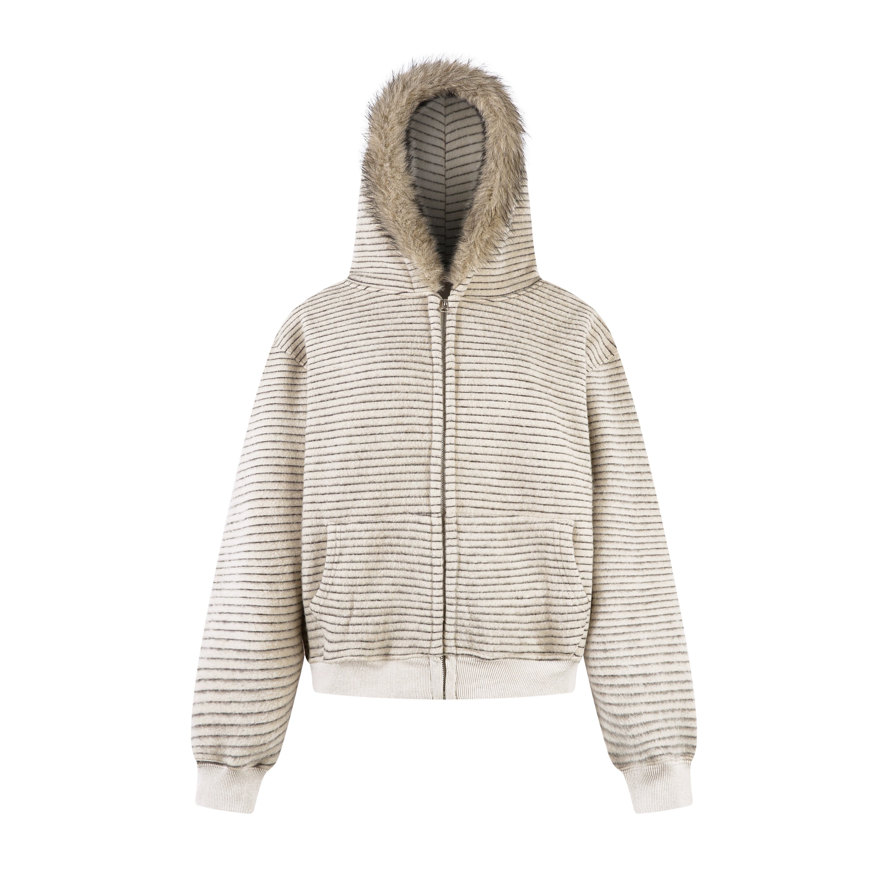 Striped Fur-Hood Fleece-Lined Cozy Zip Hoodie