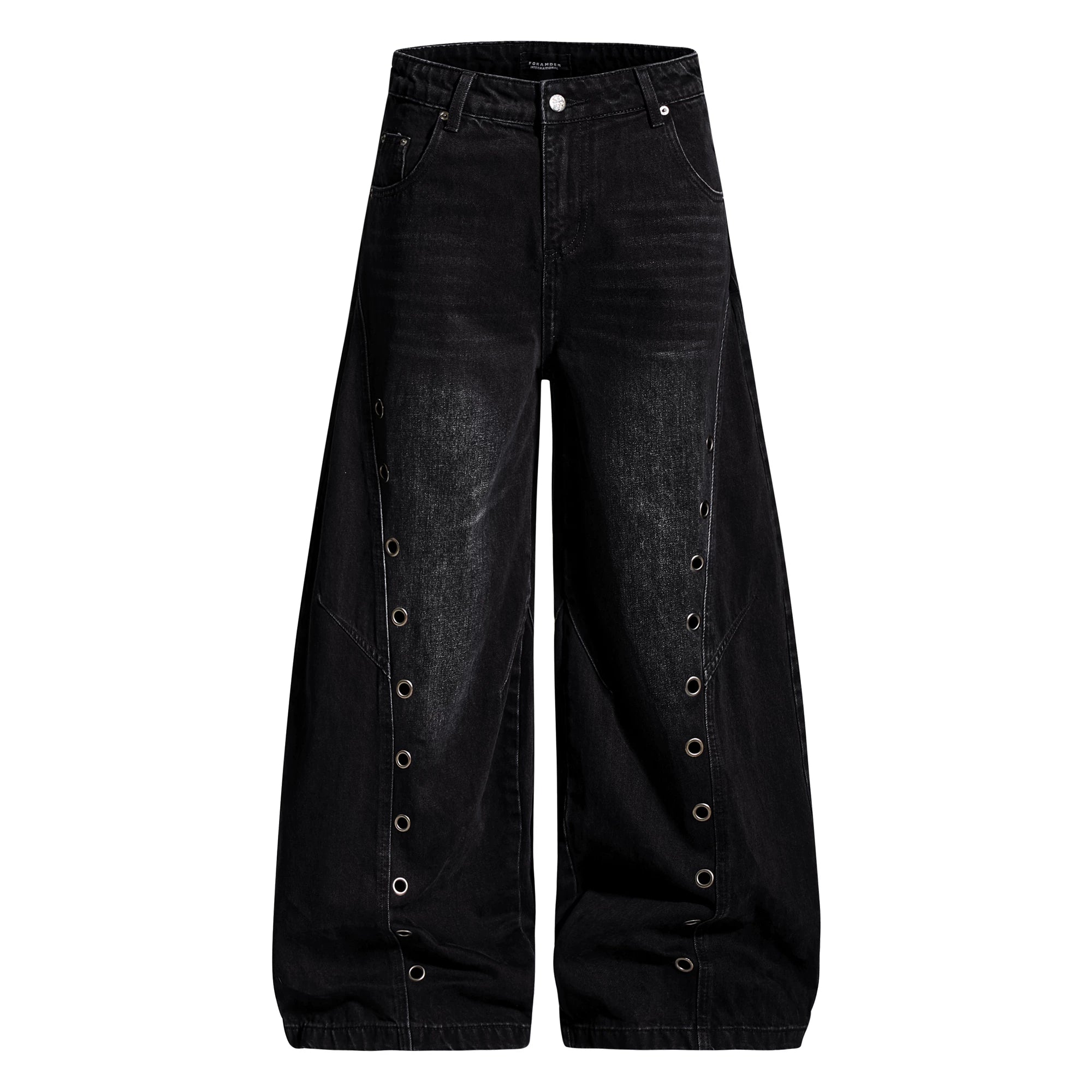 Sanhoostudio wide leg denim pants featuring cut-out structure and metal ring details. A bold deconstructed streetwear piece with distressed finish.