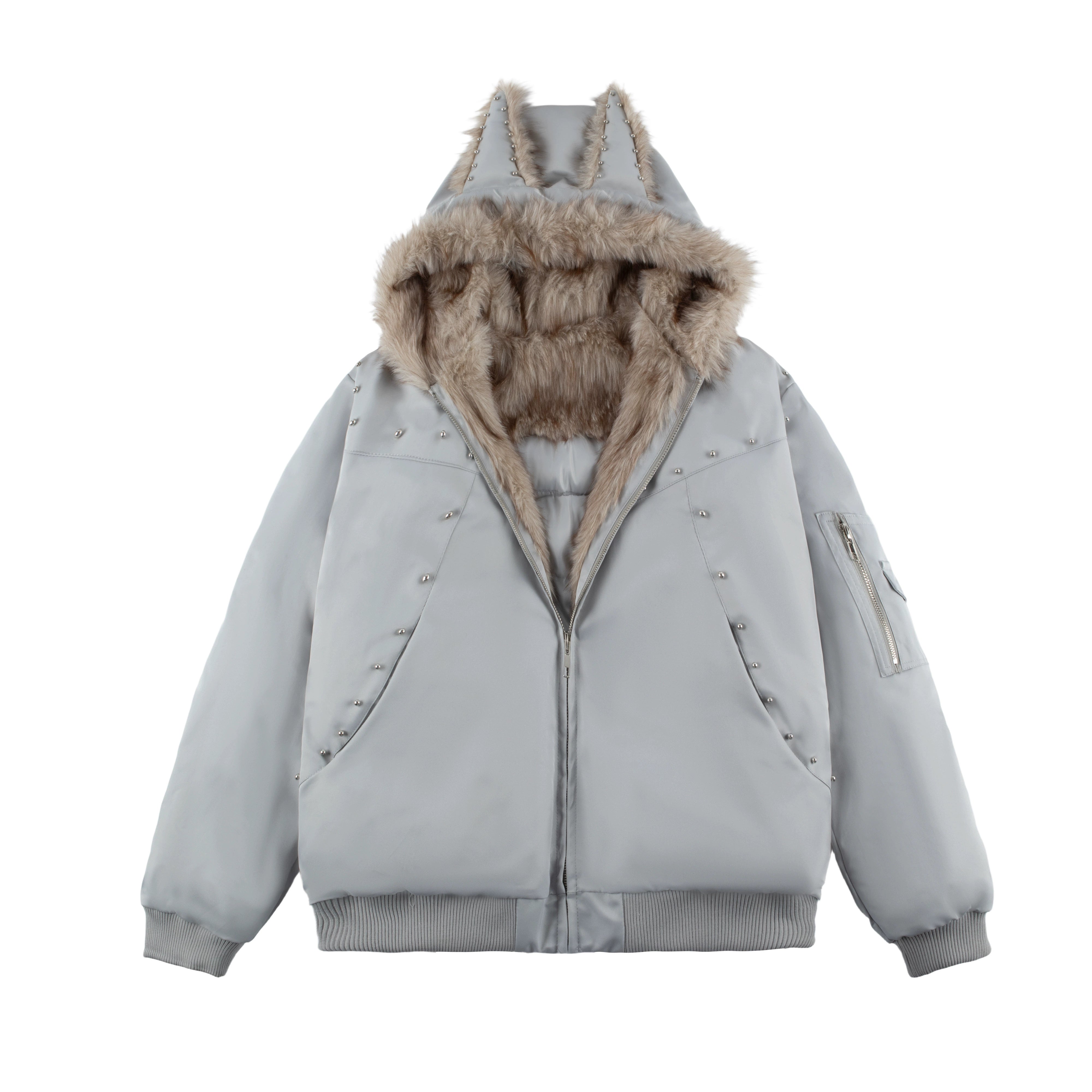 Furry Ear Hooded Studded Oversized Winter Puffer