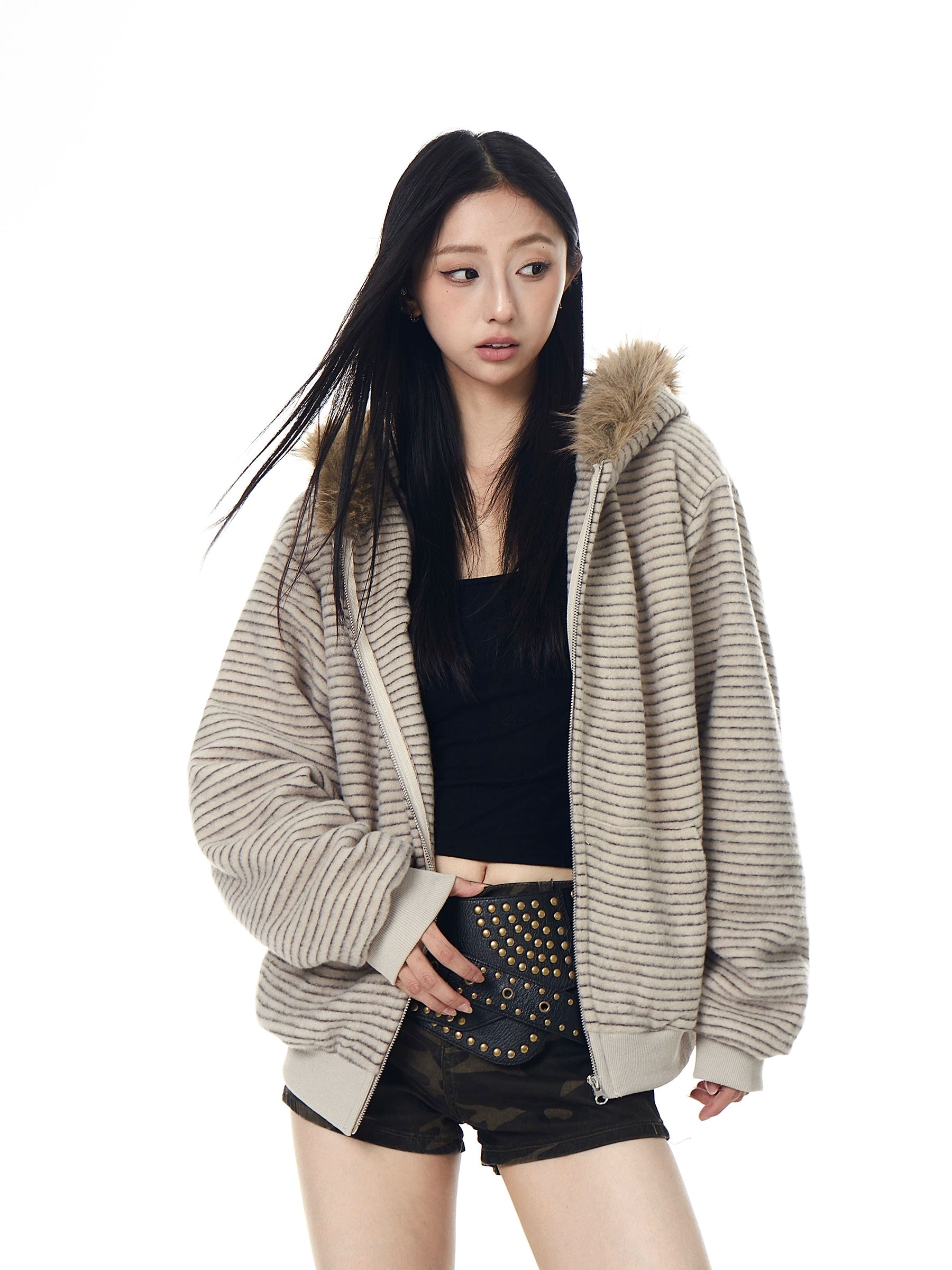 Striped Fur-Trim Fleece Zip Hoodie Jacket