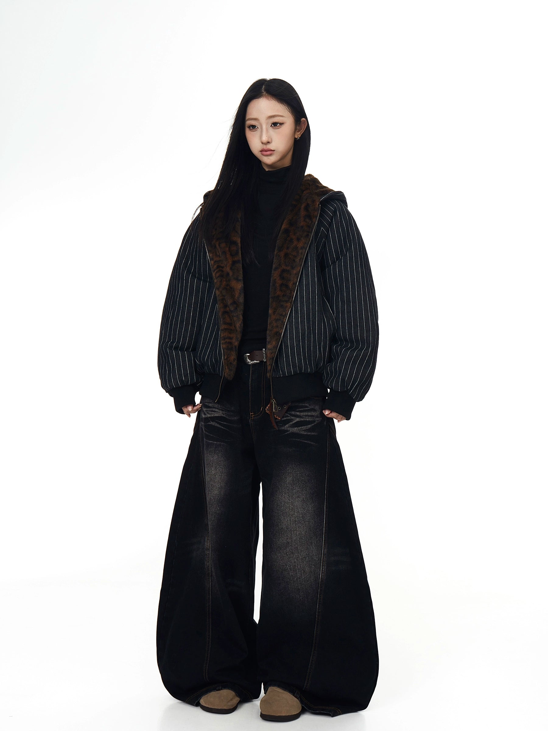 Leopard Plush Striped Spliced Hooded Puffer Coat