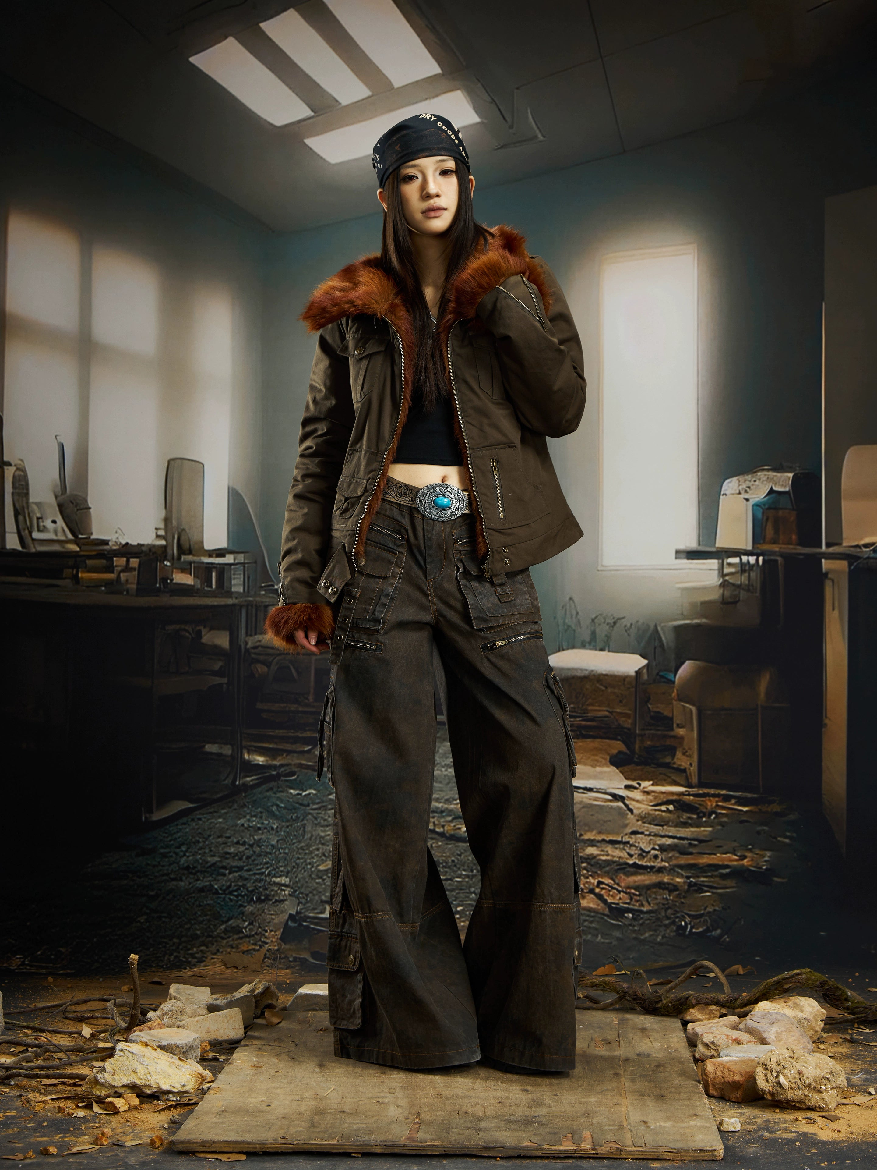 Shibuya Red-Fur Wide-Collar Fitted Cropped Jacket