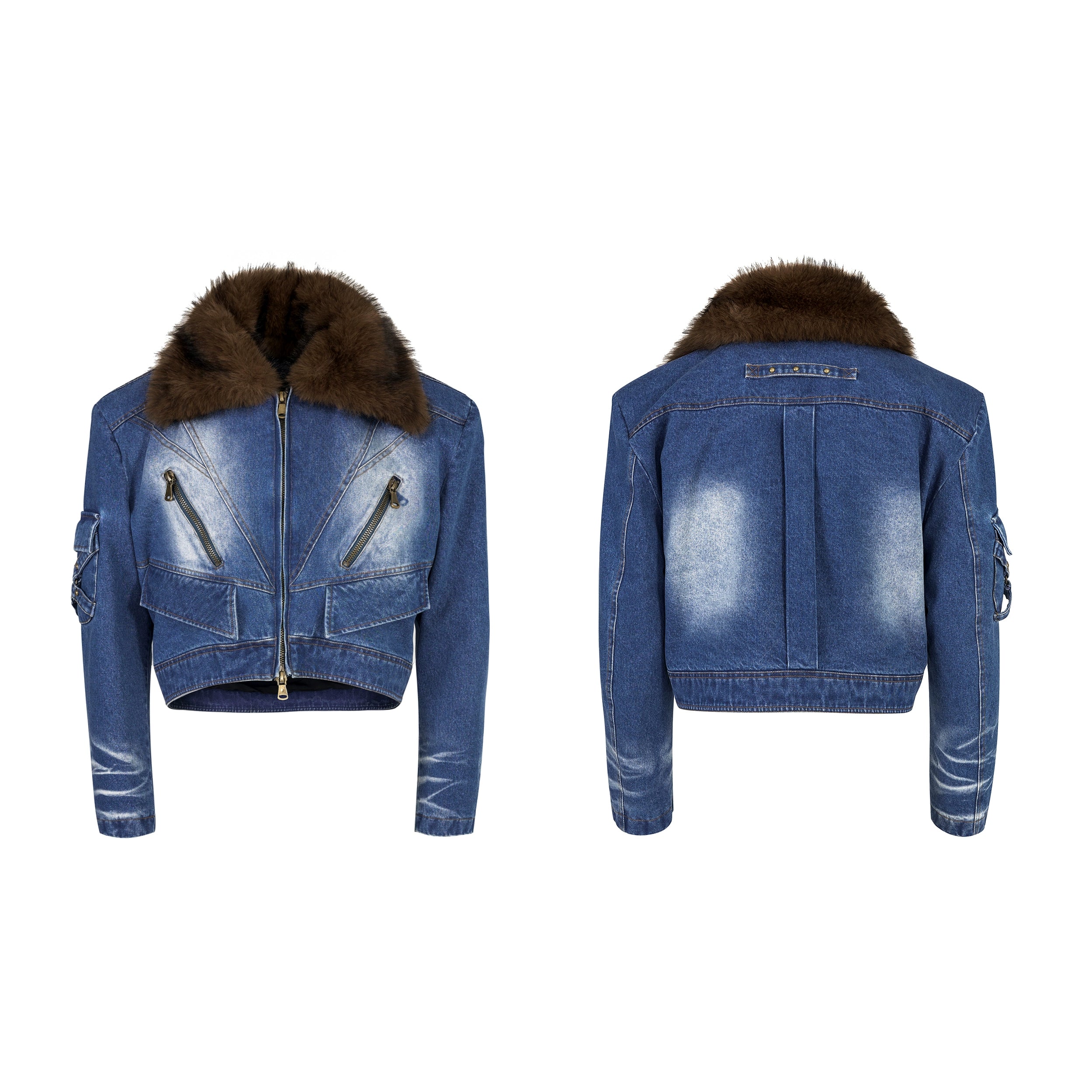 Vintage Faux Fur Patchwork Denim Pants Set