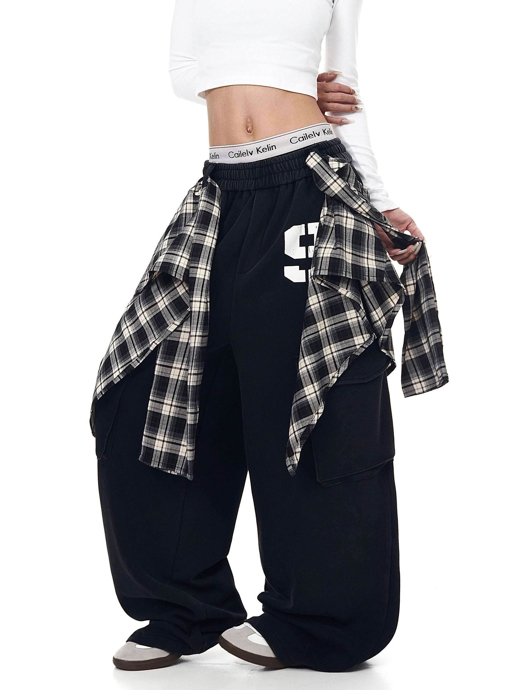 Plaid Overlay Straight-Leg Cargo Sweatpants
