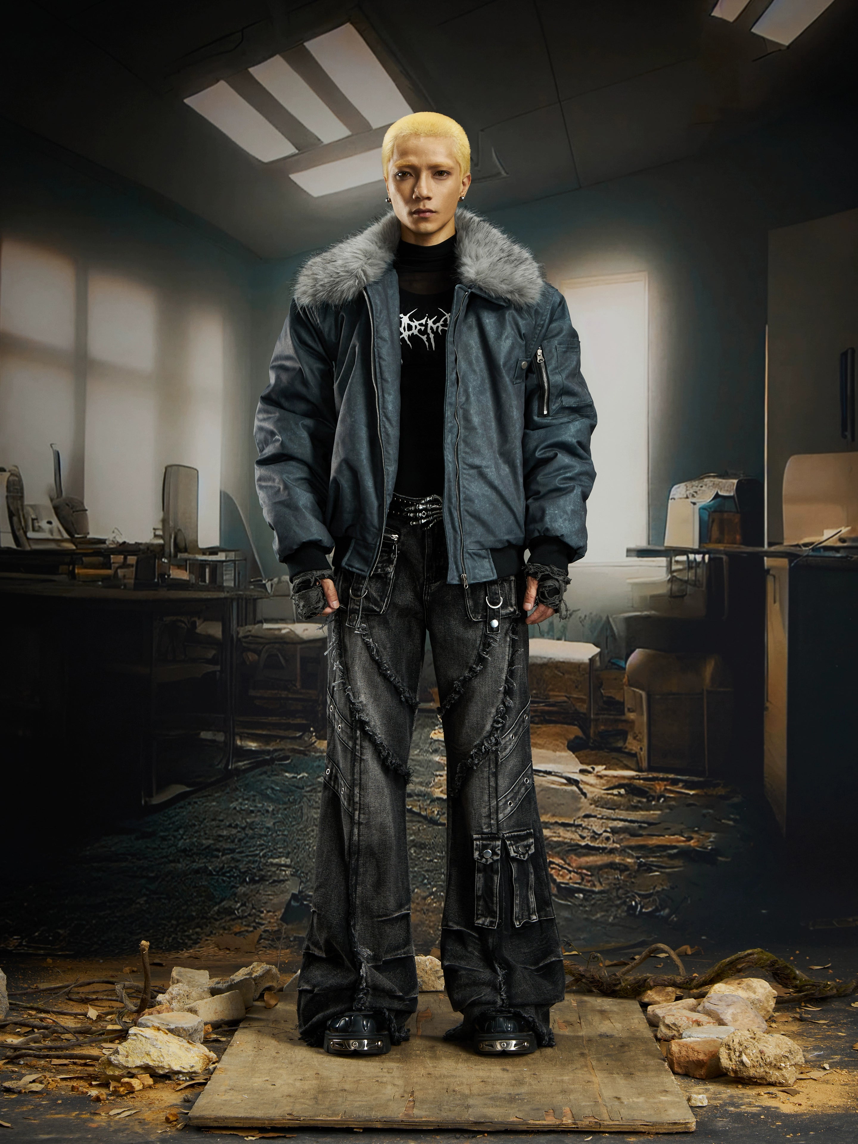 Dark Washed Fur-Collar Quilted Winter Jacket