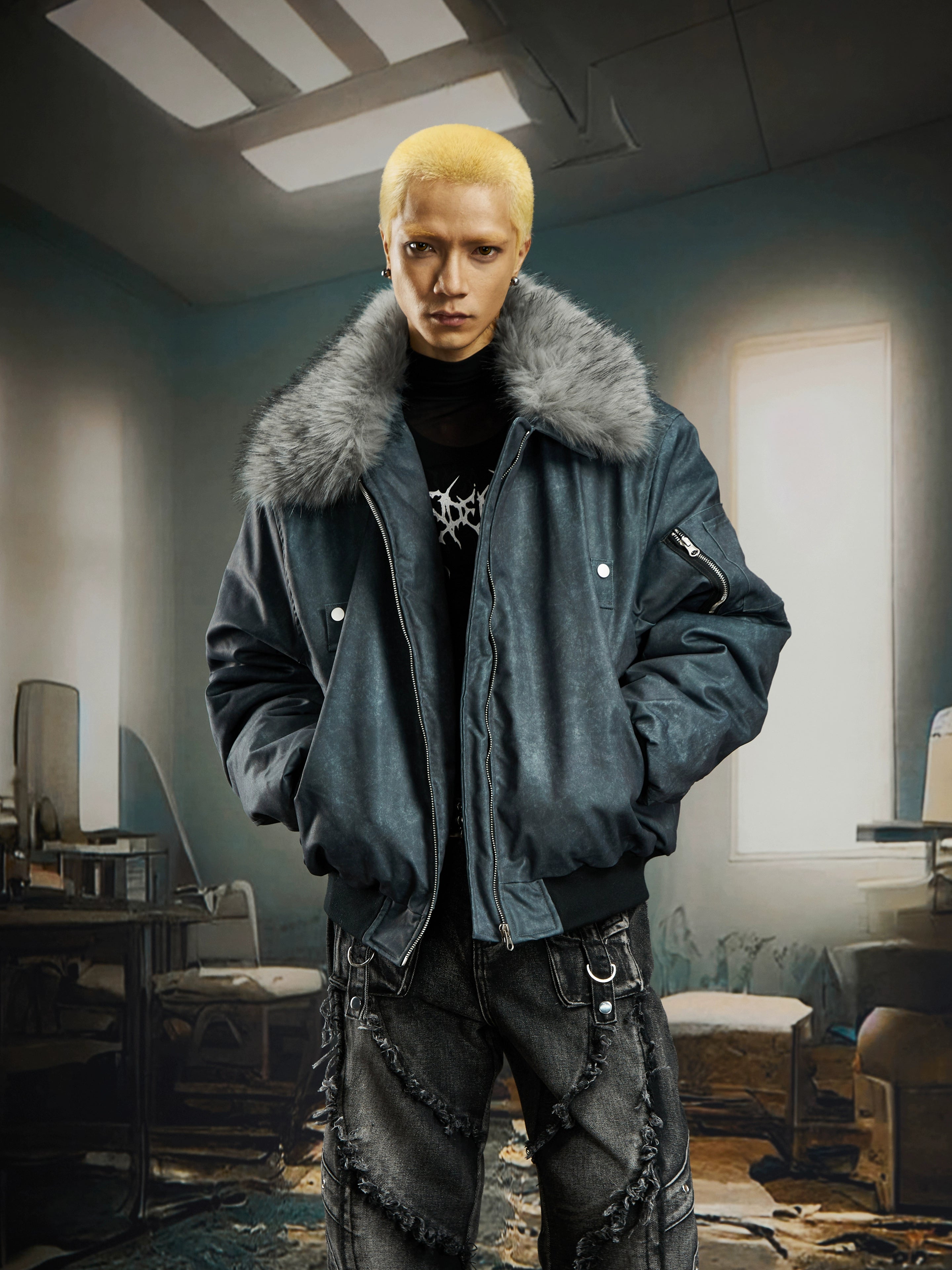 Dark Washed Fur-Collar Quilted Winter Jacket