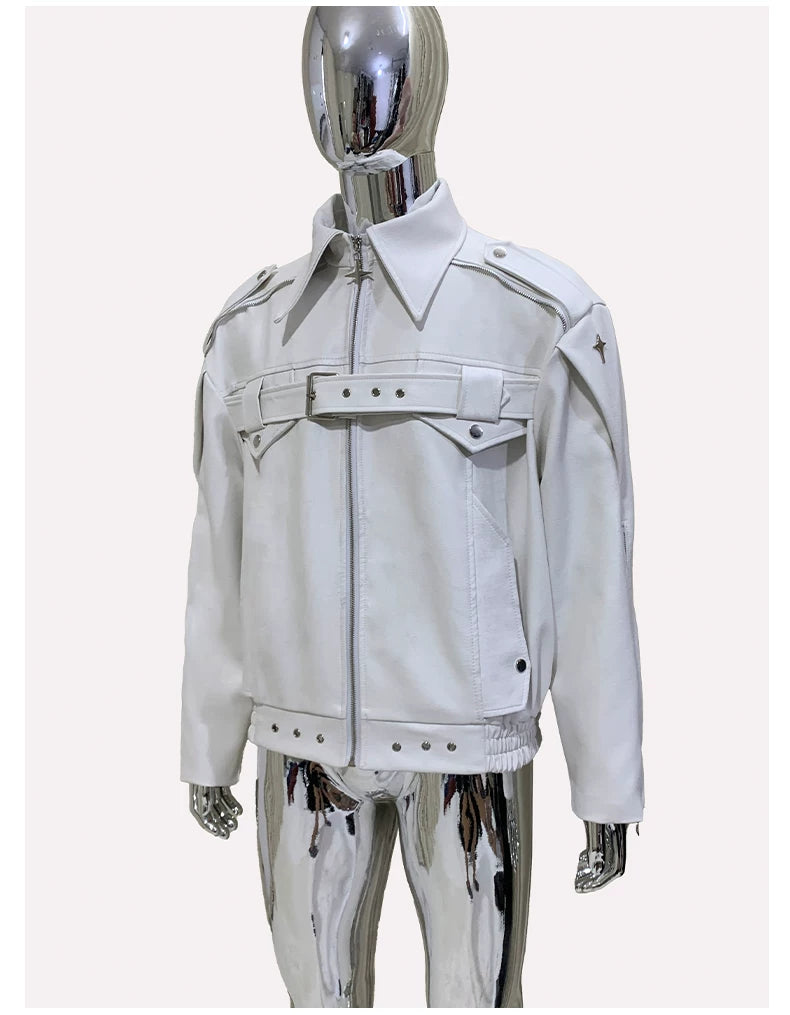 Sanhoostudio White Lapel PU Leather Moto Jacket