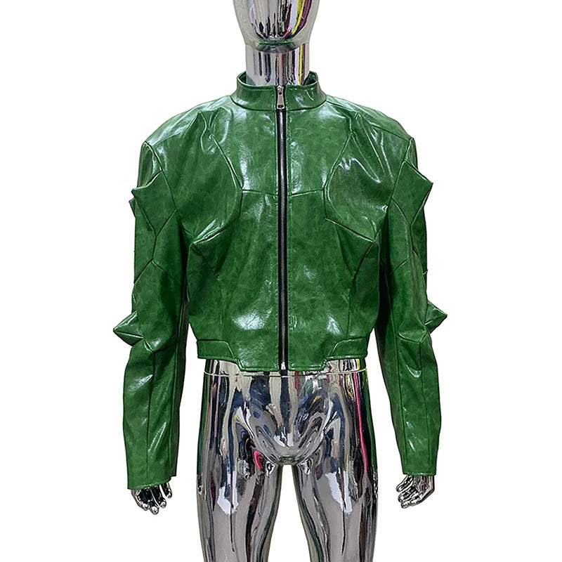 Sanhoostudio Green Glossy Deconstructed Cropped Leather Jacket