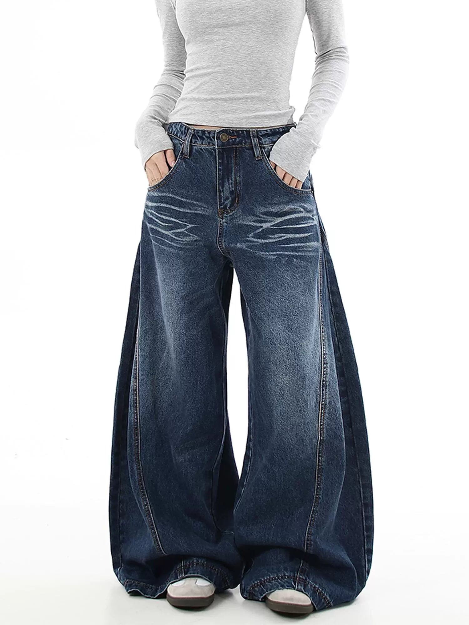 Whiskered Washed Vintage Wide-Leg Denim Pants