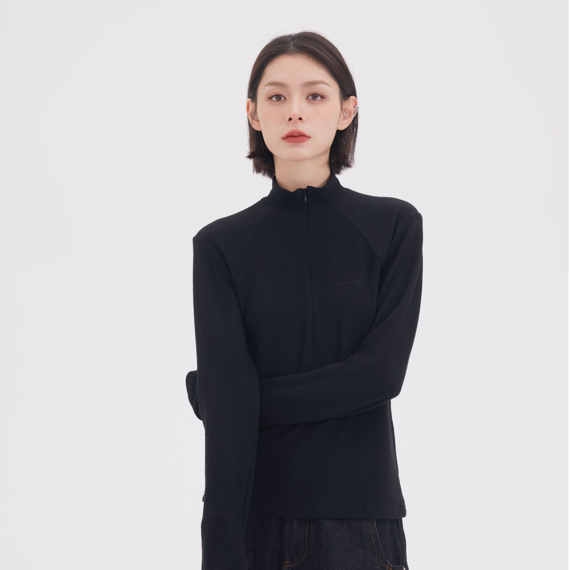 Sanhoostudio half-zip mock neck top designed for warmth and everyday layering. A unisex thermal essential for fall and winter.