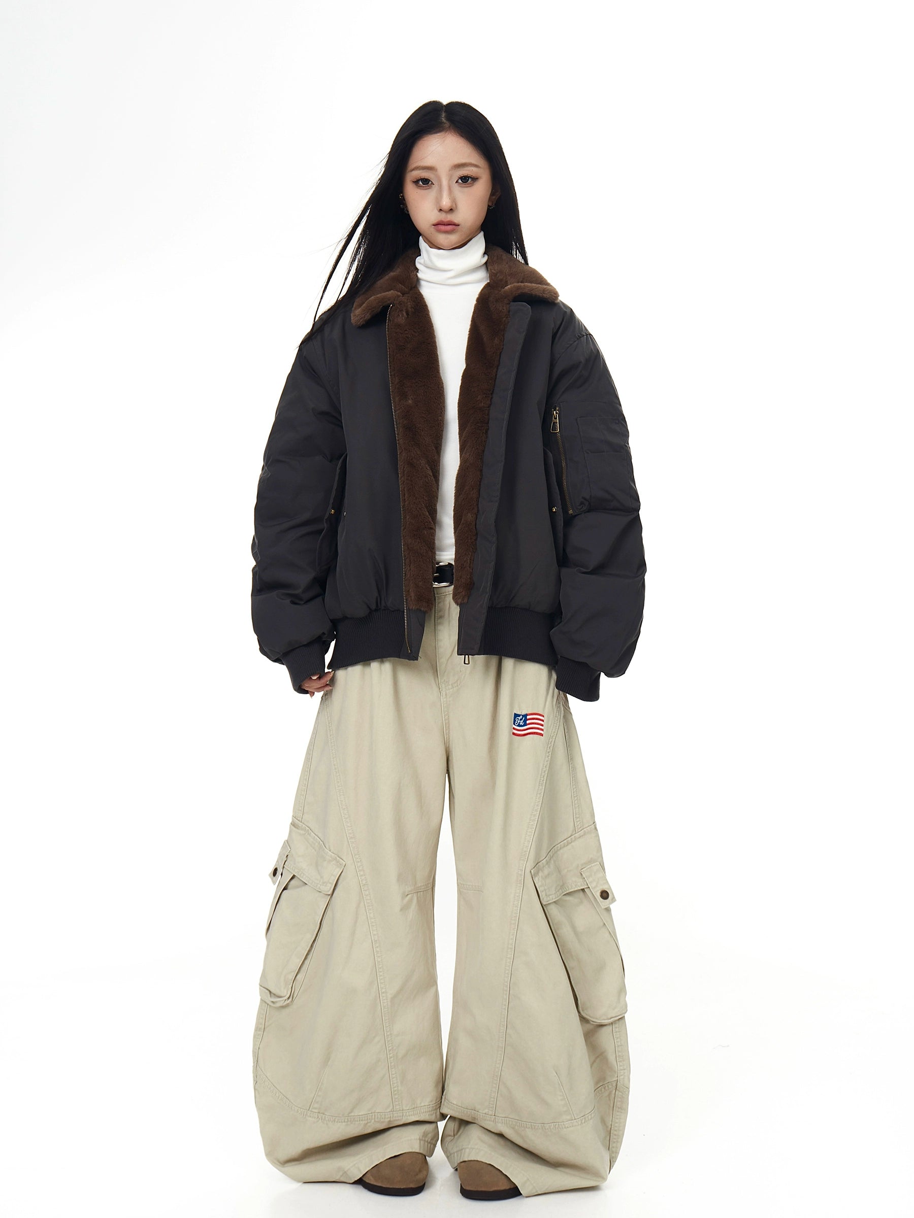 Bomber Shearling-Collar Spliced Flight Puffer Jacket