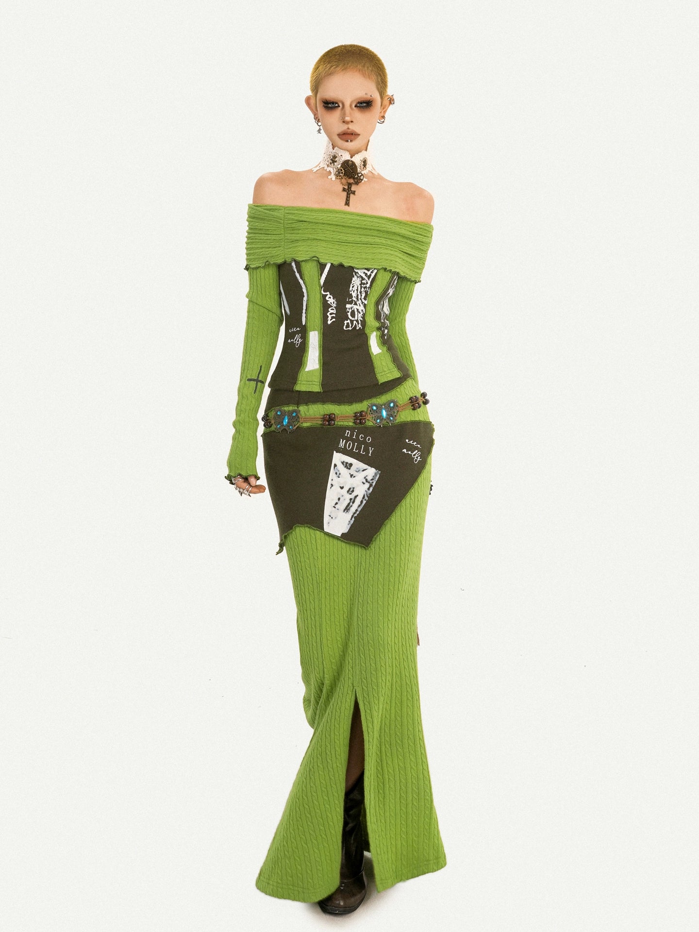 Avant-Garde Olive Off-Shoulder Fitted Split Long Dress Two-Piece Set