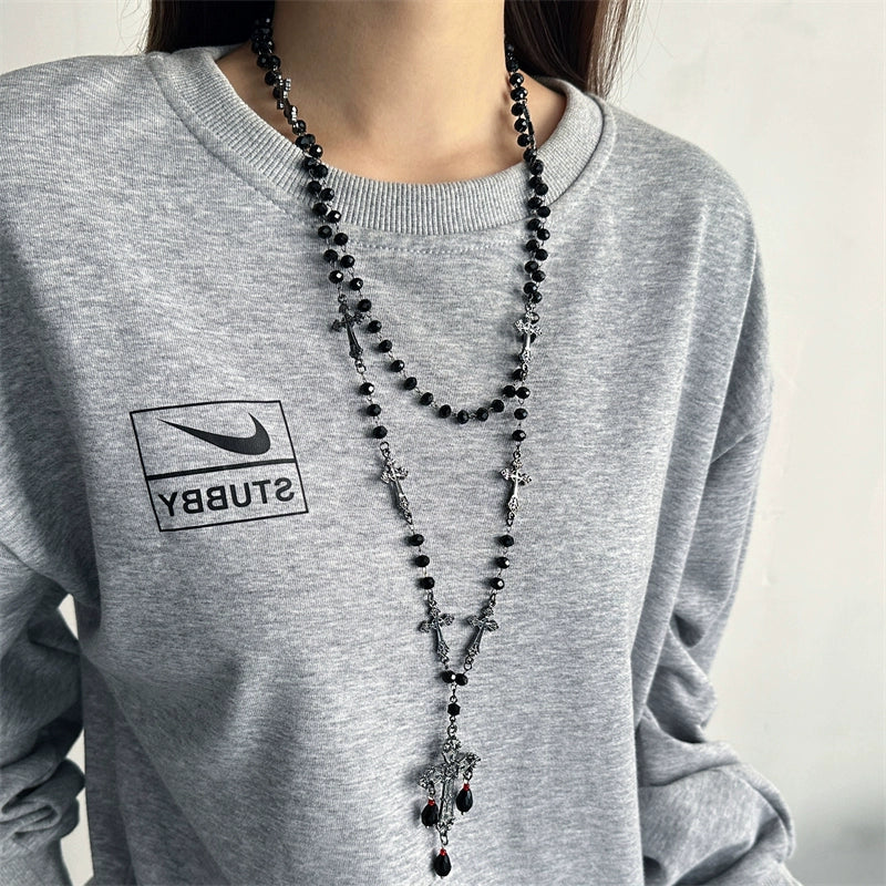 Gothic Black Cross Beaded Long Necklace