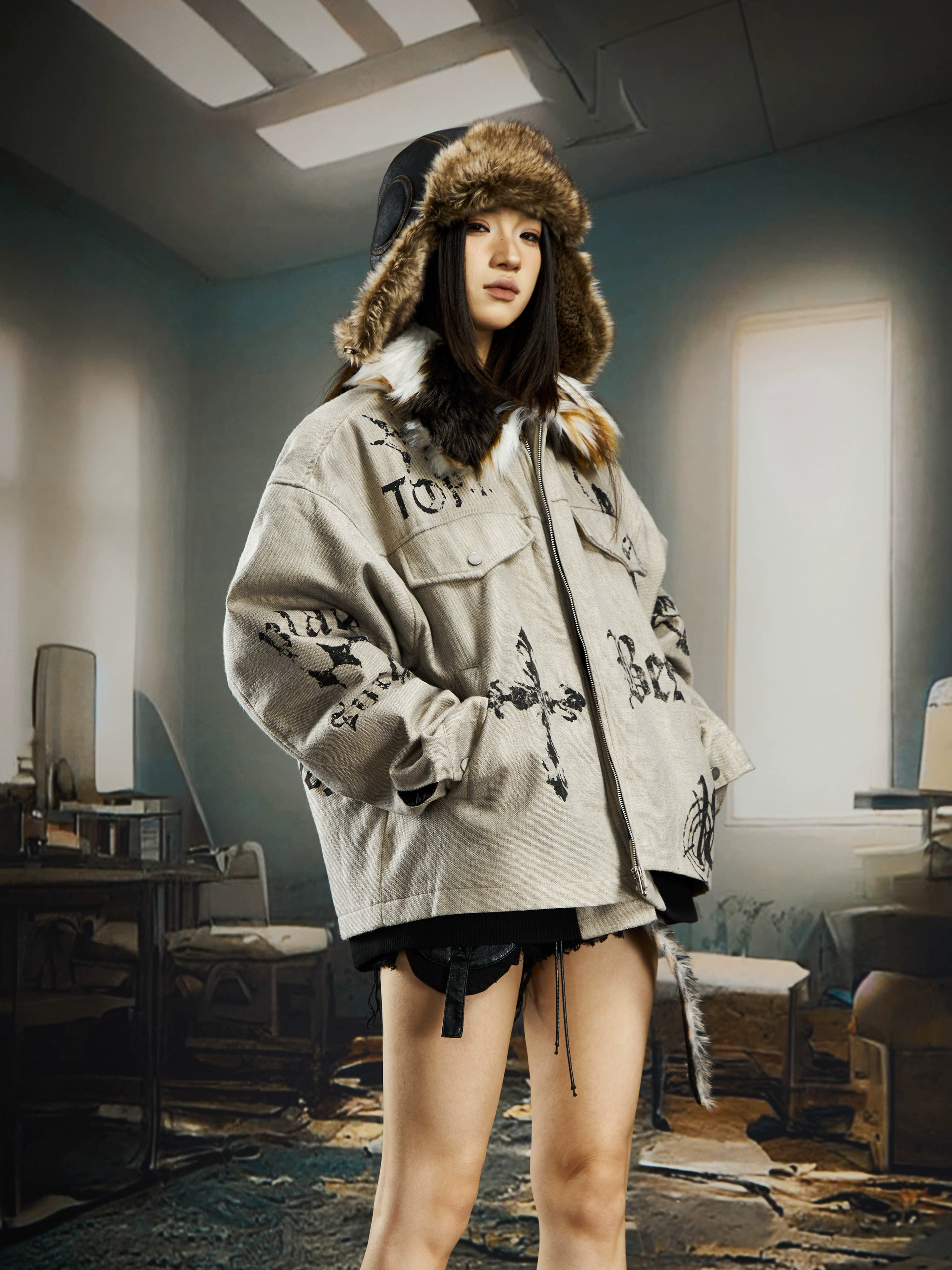 Gothic Print Fur-Collar Padded Punk Jacket