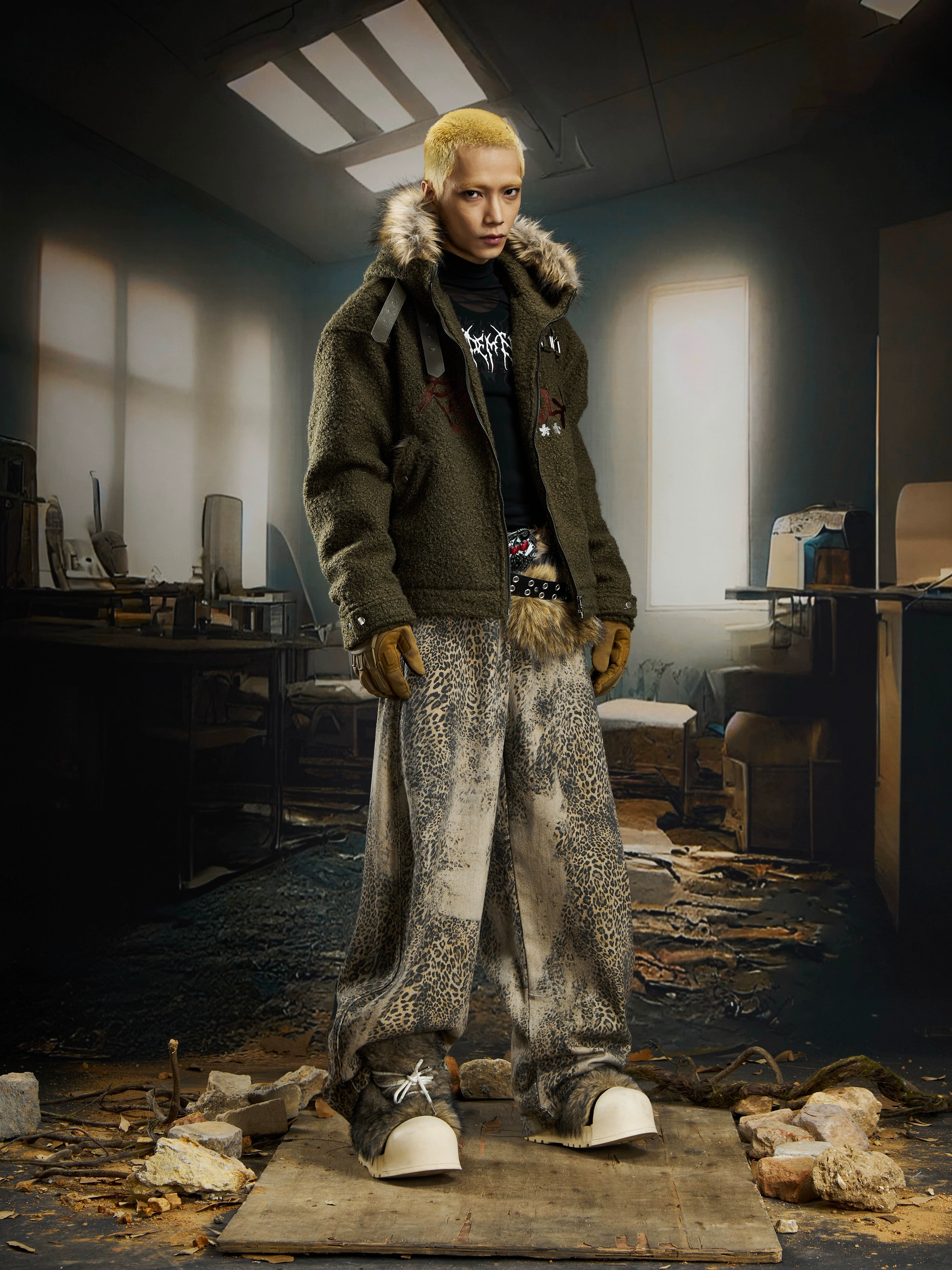 Embroidered Faux-Shearling Belted Hooded Puffer Coat