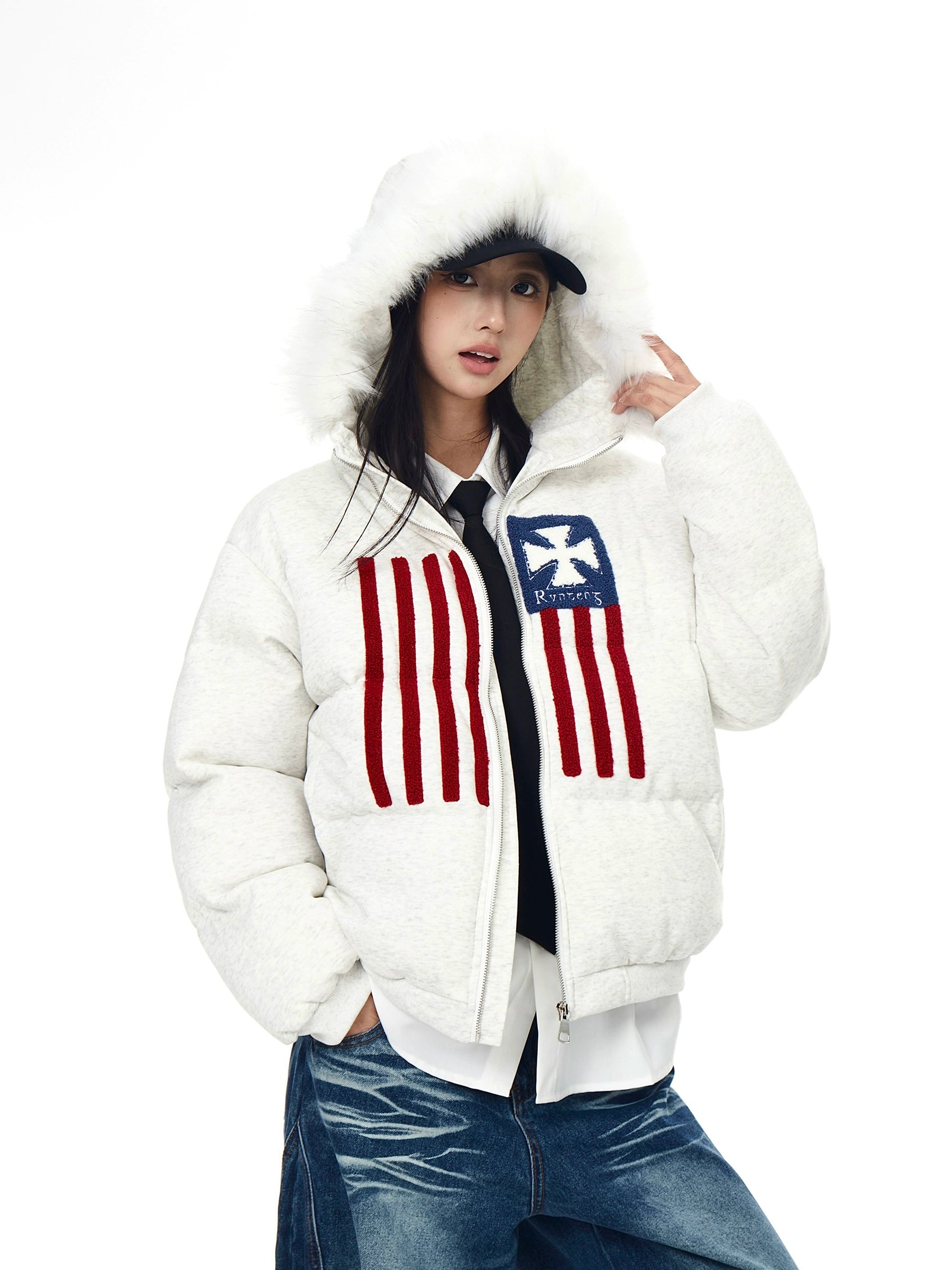 Flag Embroidered Fur-Hood Padded Puff Jacket