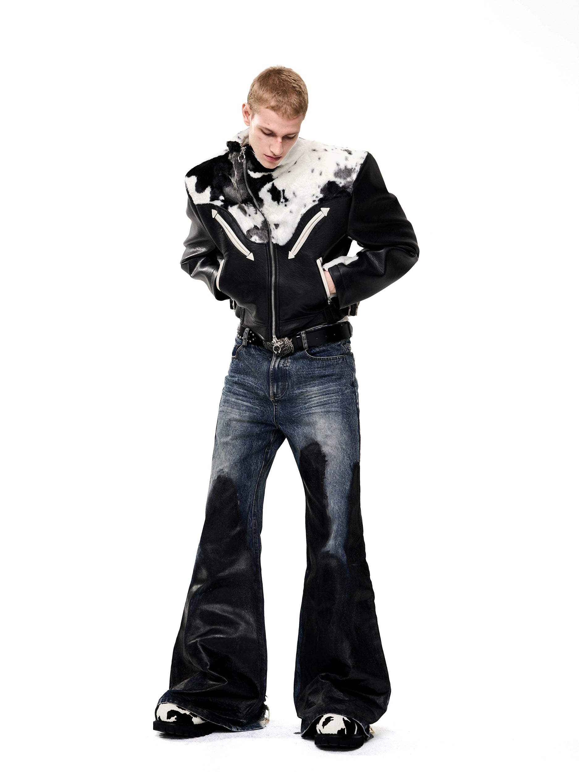 Cow Print Faux Fur Leather Jacket