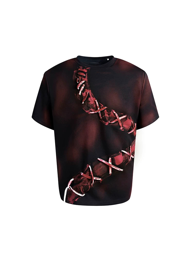 Sanhoostudio dark red T-shirt featuring spray dye effect and lace-up design. A unique streetwear piece combining bold color and artistic detailing.