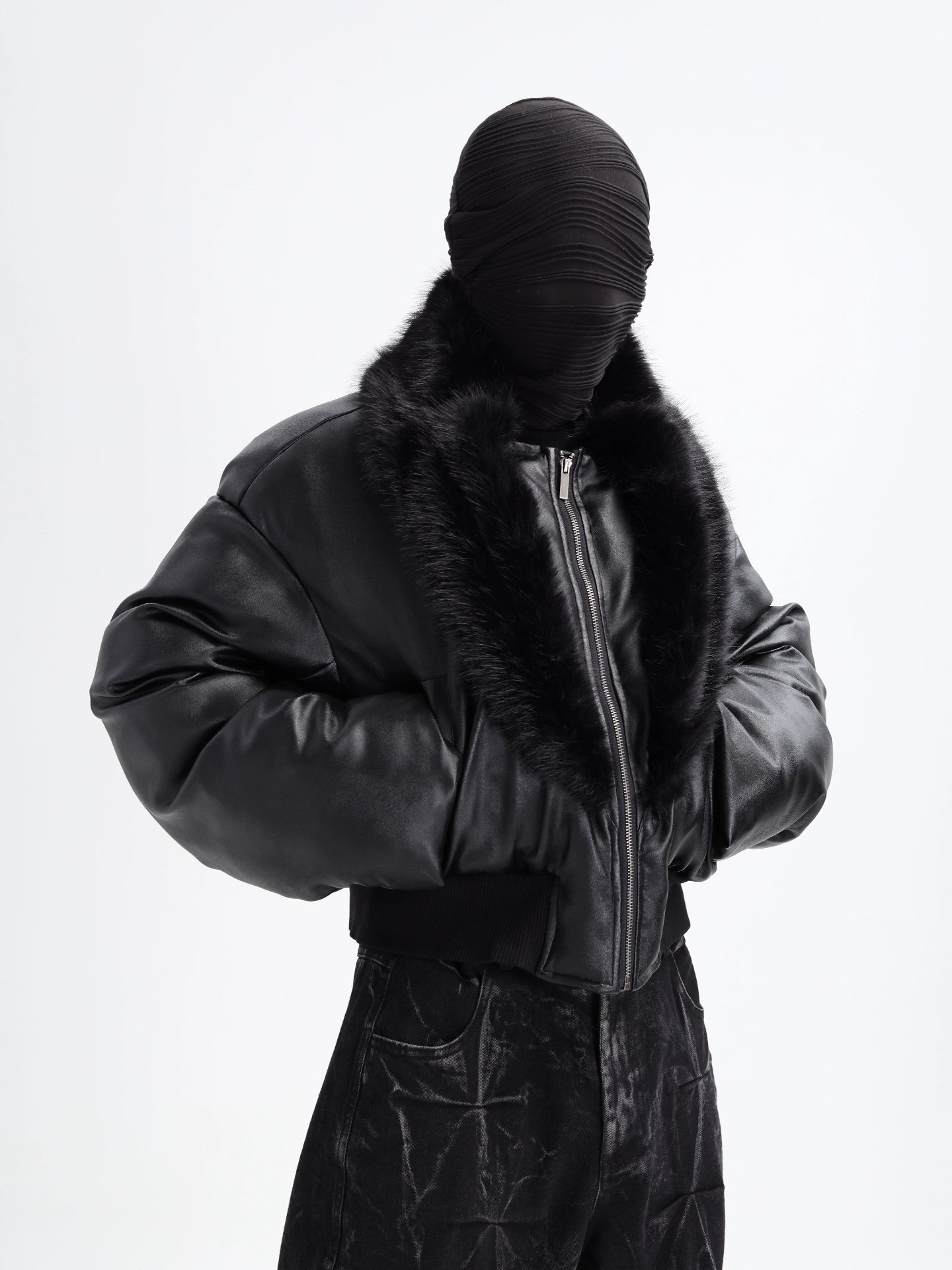 Faux-Fur Collar Leather Puffer Jacket