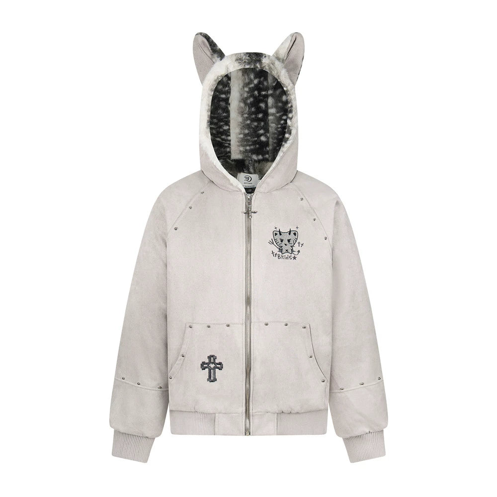 Sanhoostudio hooded puffer jacket featuring devil cat, cross, and mountain eagle graphics. Designed with a relaxed fit, thick padding, and winter insulation for edgy dark street style.