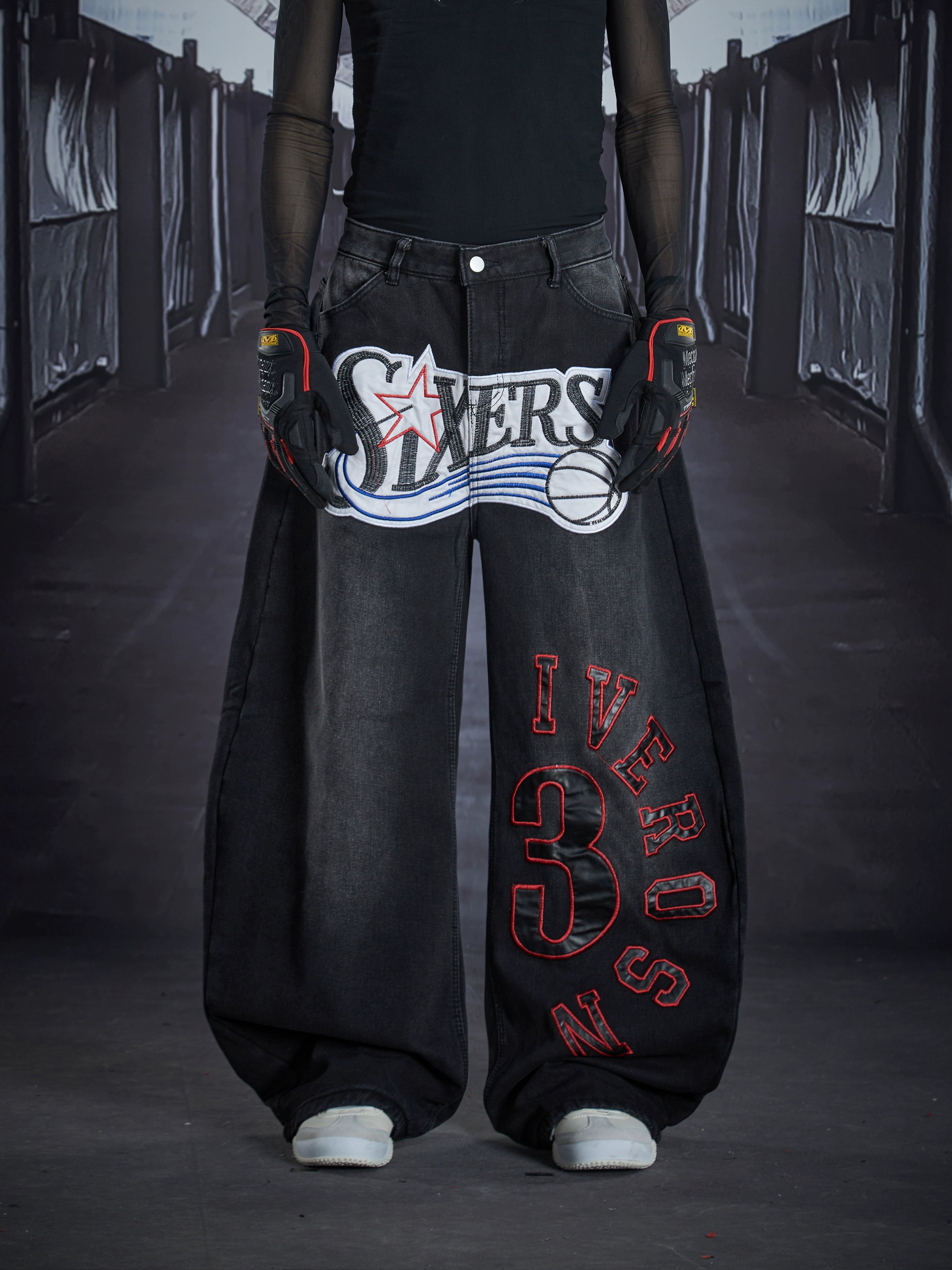 Heavy Embroidered Leather-Patch Fleece Lined Blade-Cut Jeans